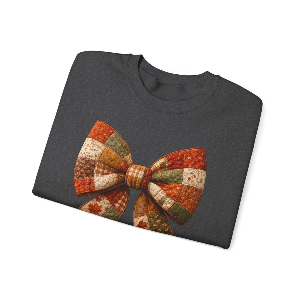 Patchwork Bow Sweatshirt — Cozy Autumn Plaid Crewneck