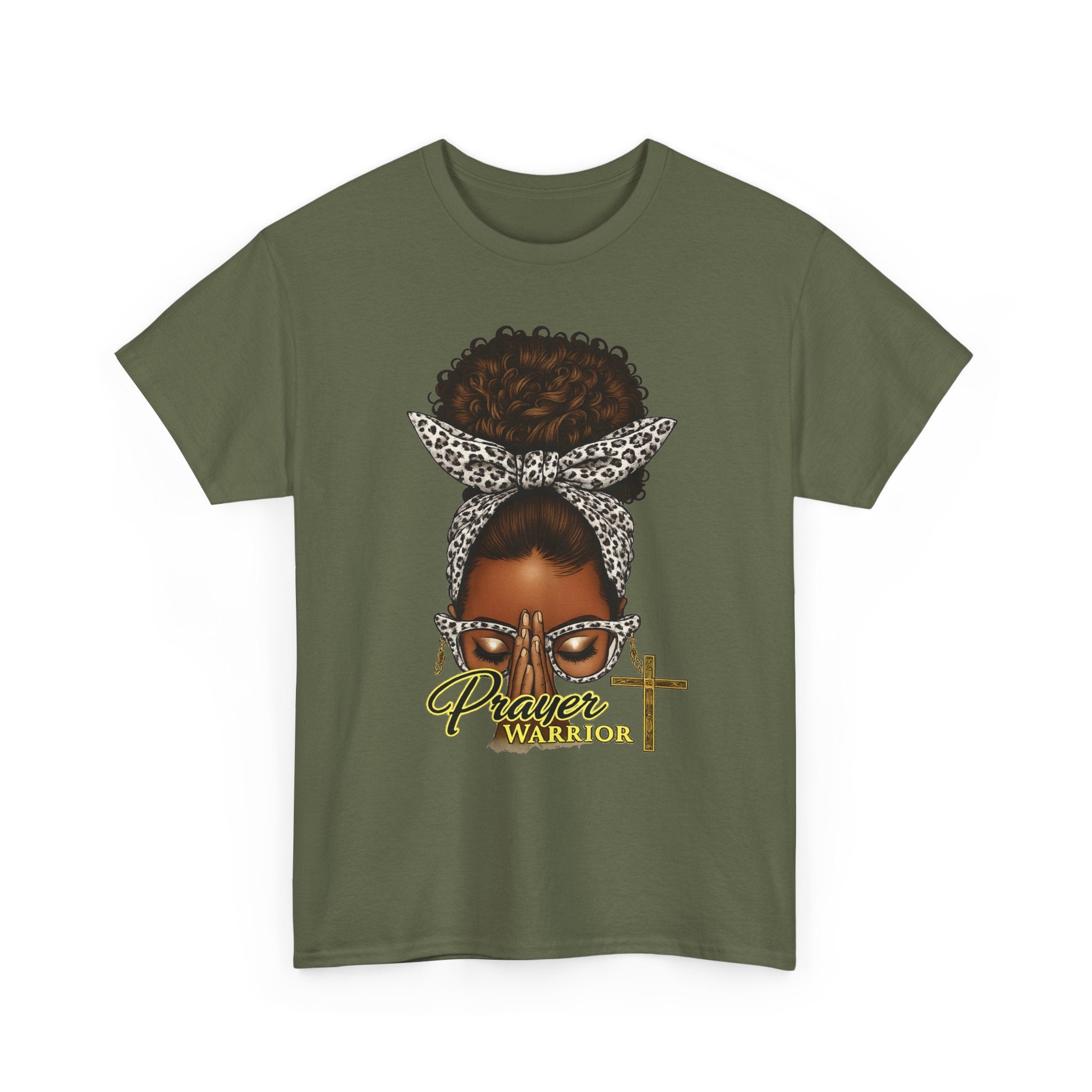 Prayer Warrior T-Shirt – Black Woman Afro Bun with Leopard Scarf & Cross Graphic