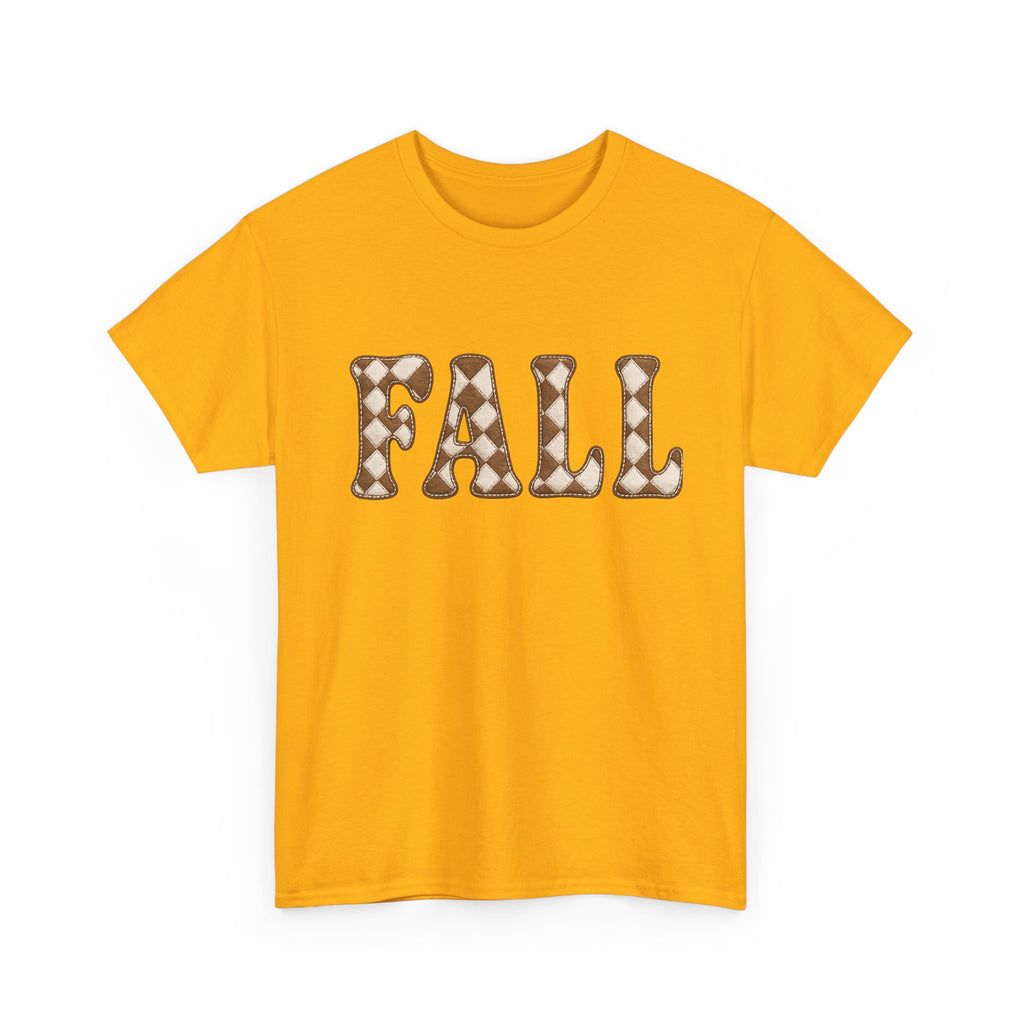 Fall Pumpkin Pattern T-Shirt — Cozy Autumn Tee with 'FALL' Lettering