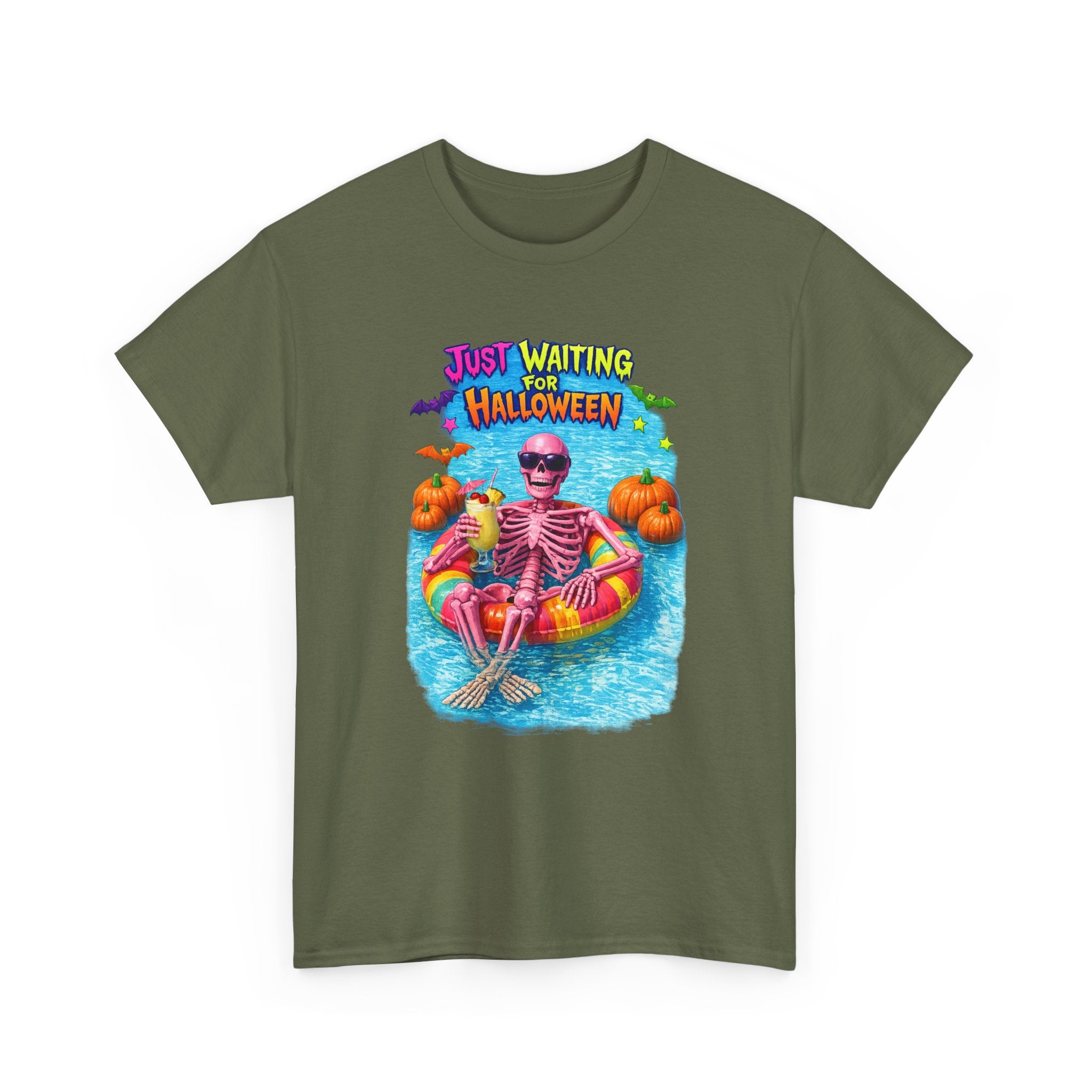 Halloween Skeleton Tee — "Just Waiting for Halloween" Pool Float Graphic T-Shirt