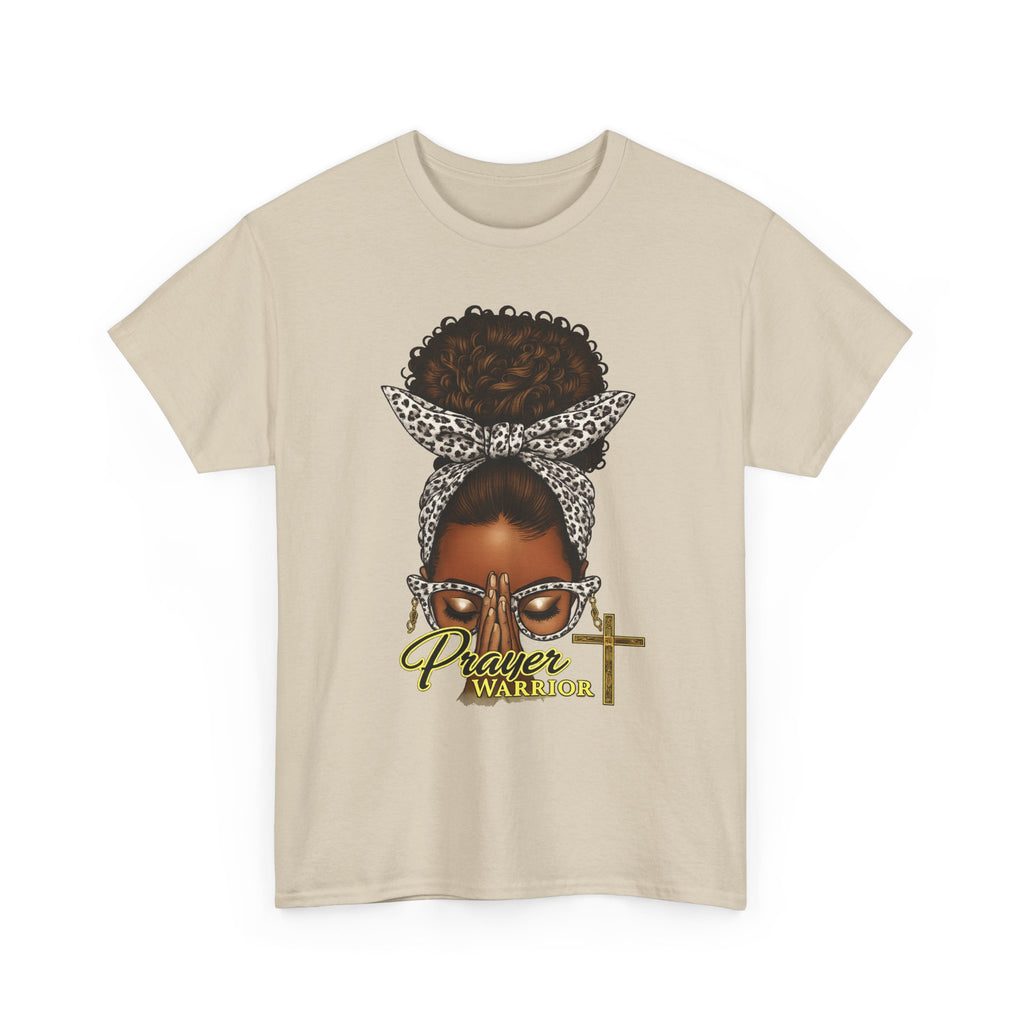 Prayer Warrior T-Shirt – Black Woman Afro Bun with Leopard Scarf & Cross Graphic