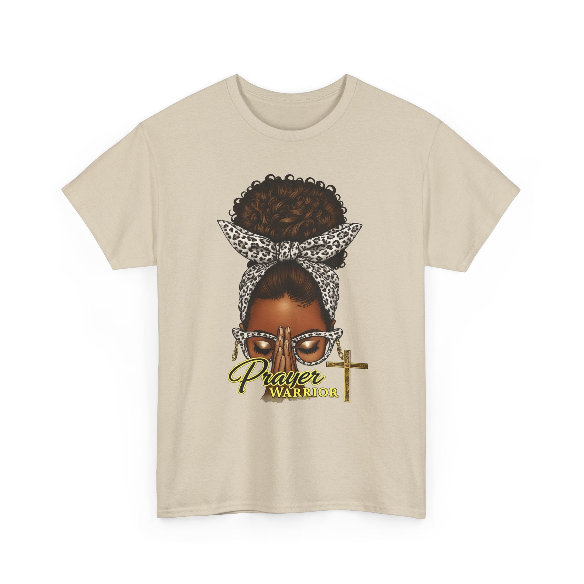 Prayer Warrior T-Shirt – Black Woman Afro Bun with Leopard Scarf & Cross Graphic