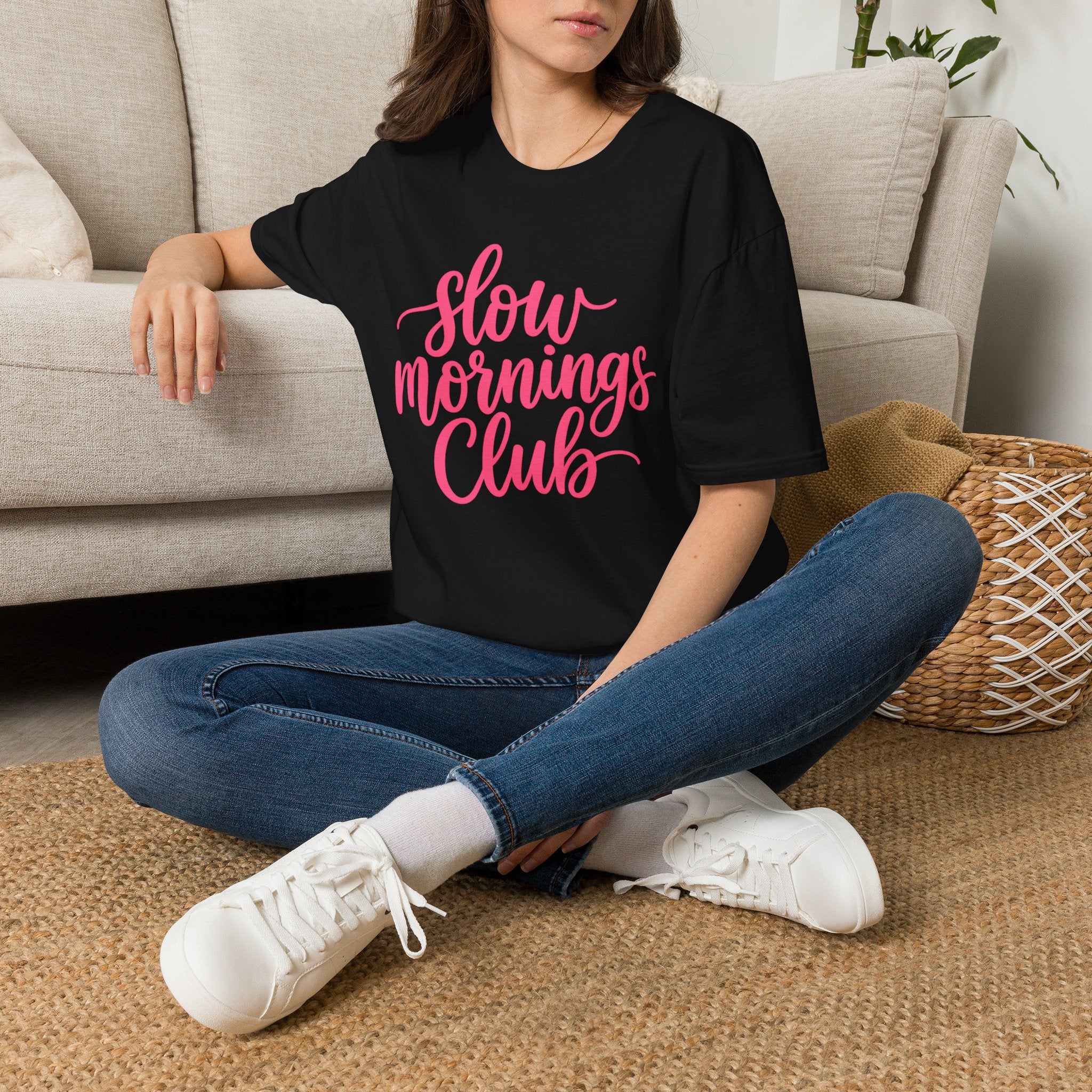 Slow Mornings Club Tee — Relaxed Graphic T-Shirt with Pink Script