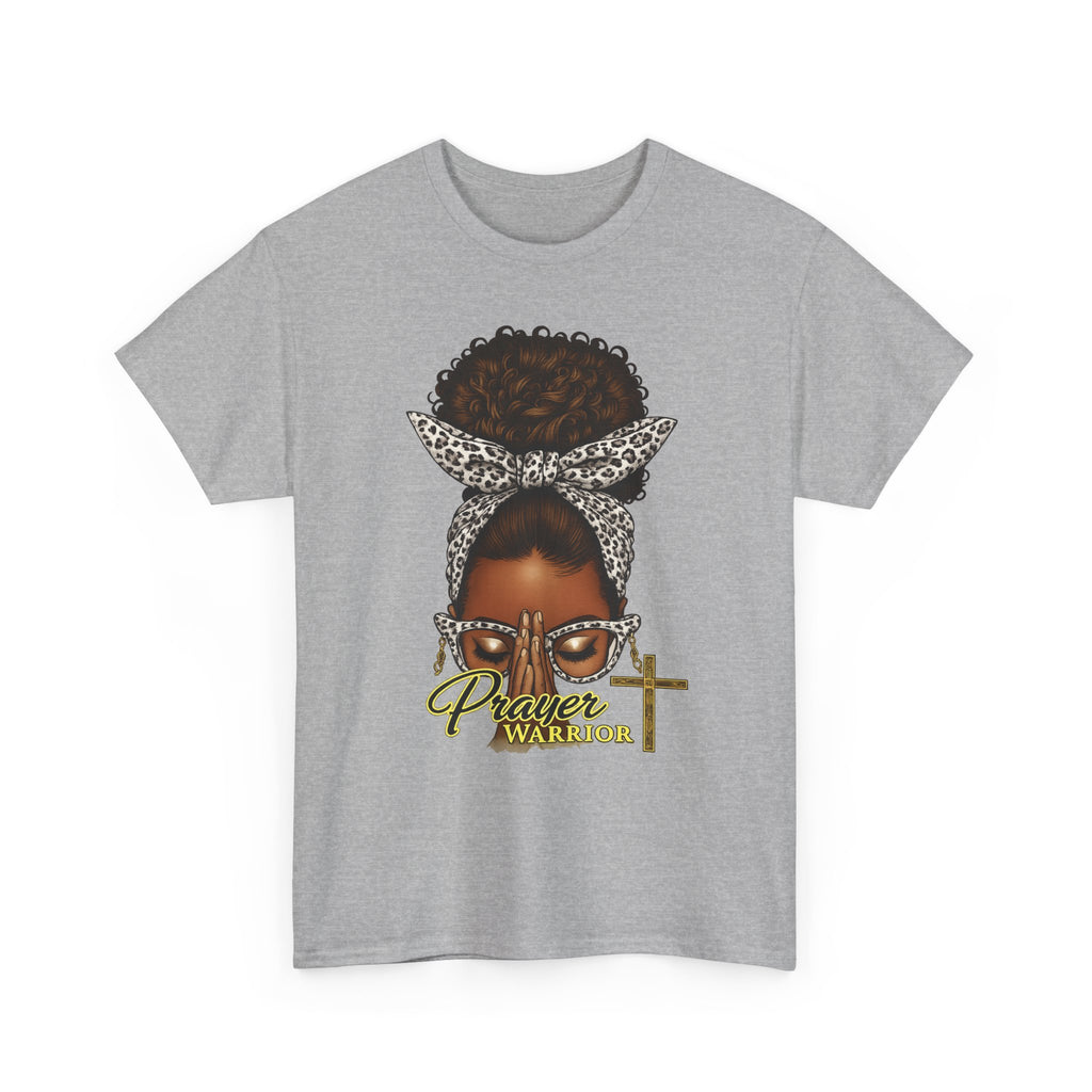 Prayer Warrior T-Shirt – Black Woman Afro Bun with Leopard Scarf & Cross Graphic