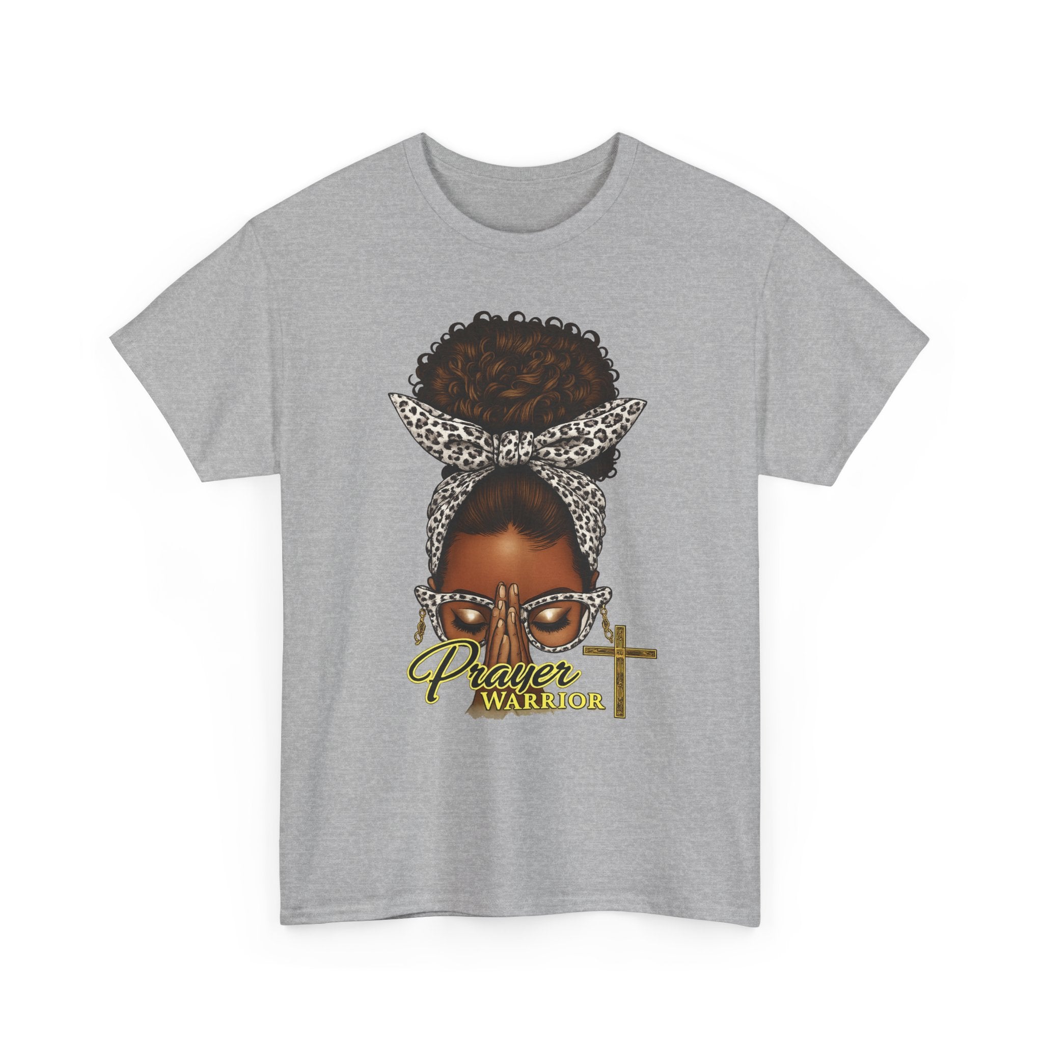 Prayer Warrior T-Shirt – Black Woman Afro Bun with Leopard Scarf & Cross Graphic