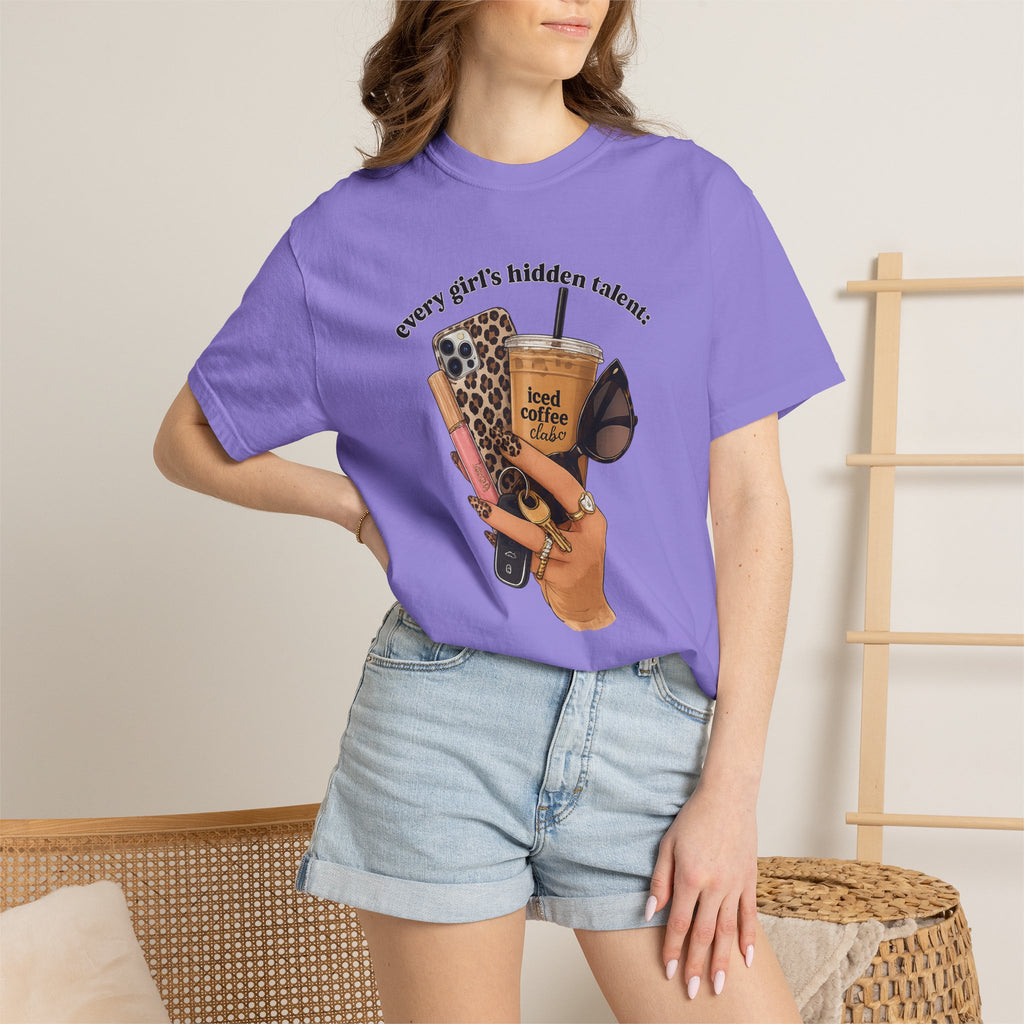 T-Shirt — Every Girl’s Hidden Talents Graphic Tee (coffee, makeup, phone, sunglasses)