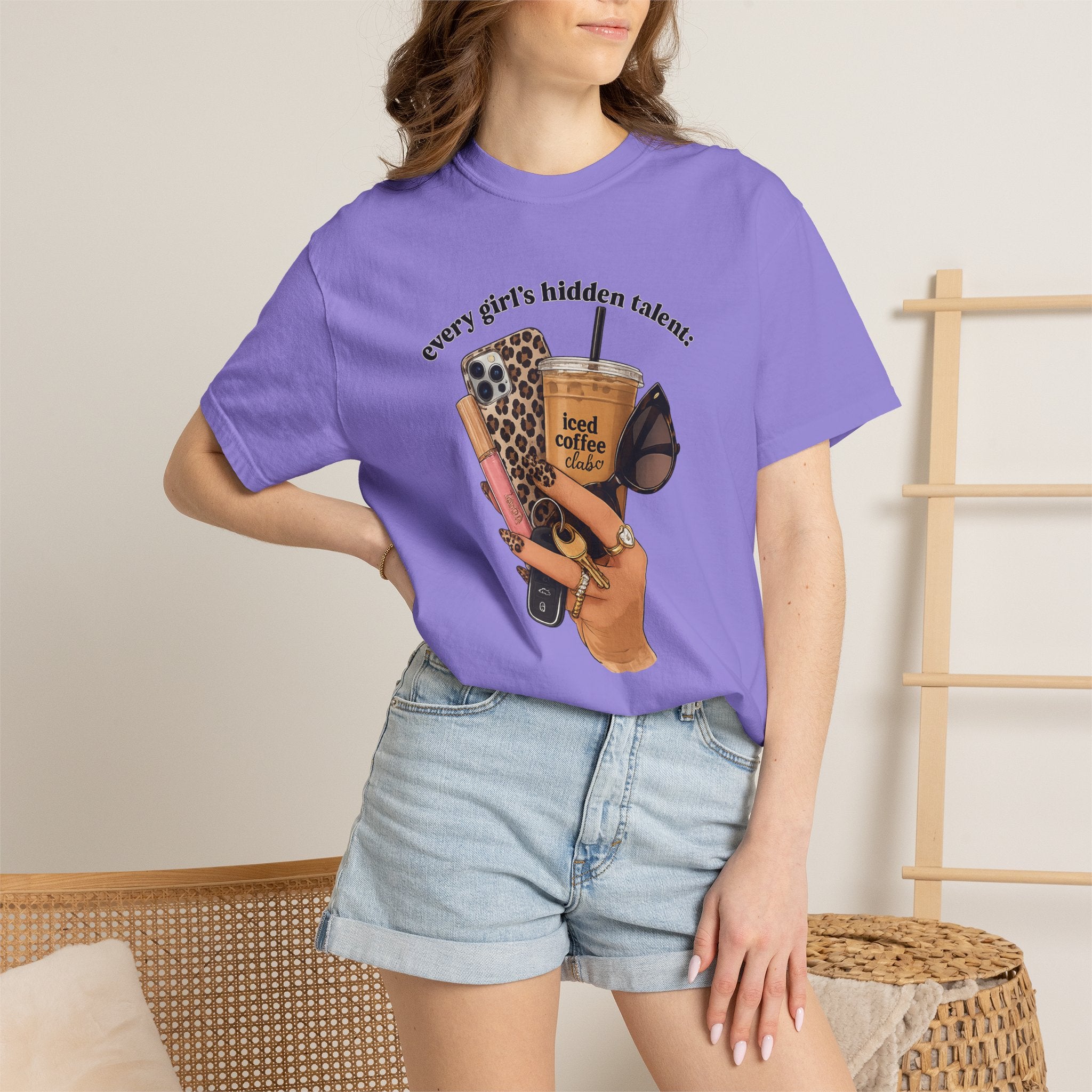 T-Shirt — Every Girl’s Hidden Talents Graphic Tee (coffee, makeup, phone, sunglasses)
