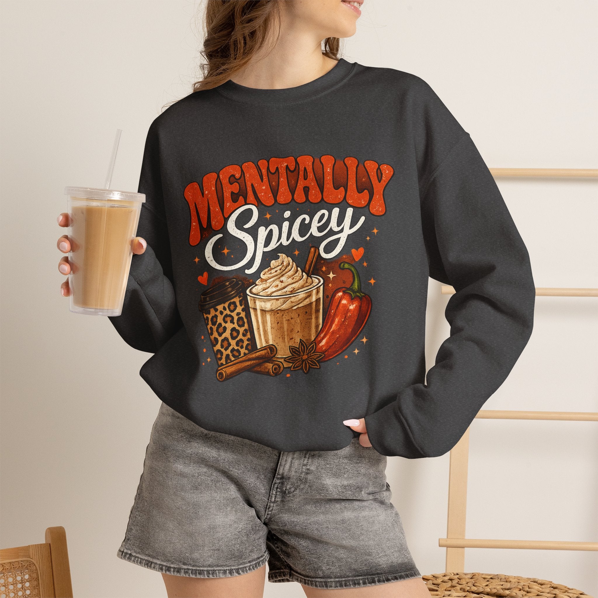 Crewneck Sweatshirt — "Mentally Spicy" Coffee & Chili Graphic