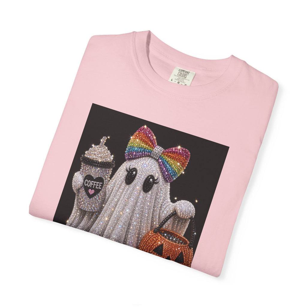 Halloween Ghost T-Shirt — Glitter Ghost with Rainbow Bow, Pumpkin & Coffee