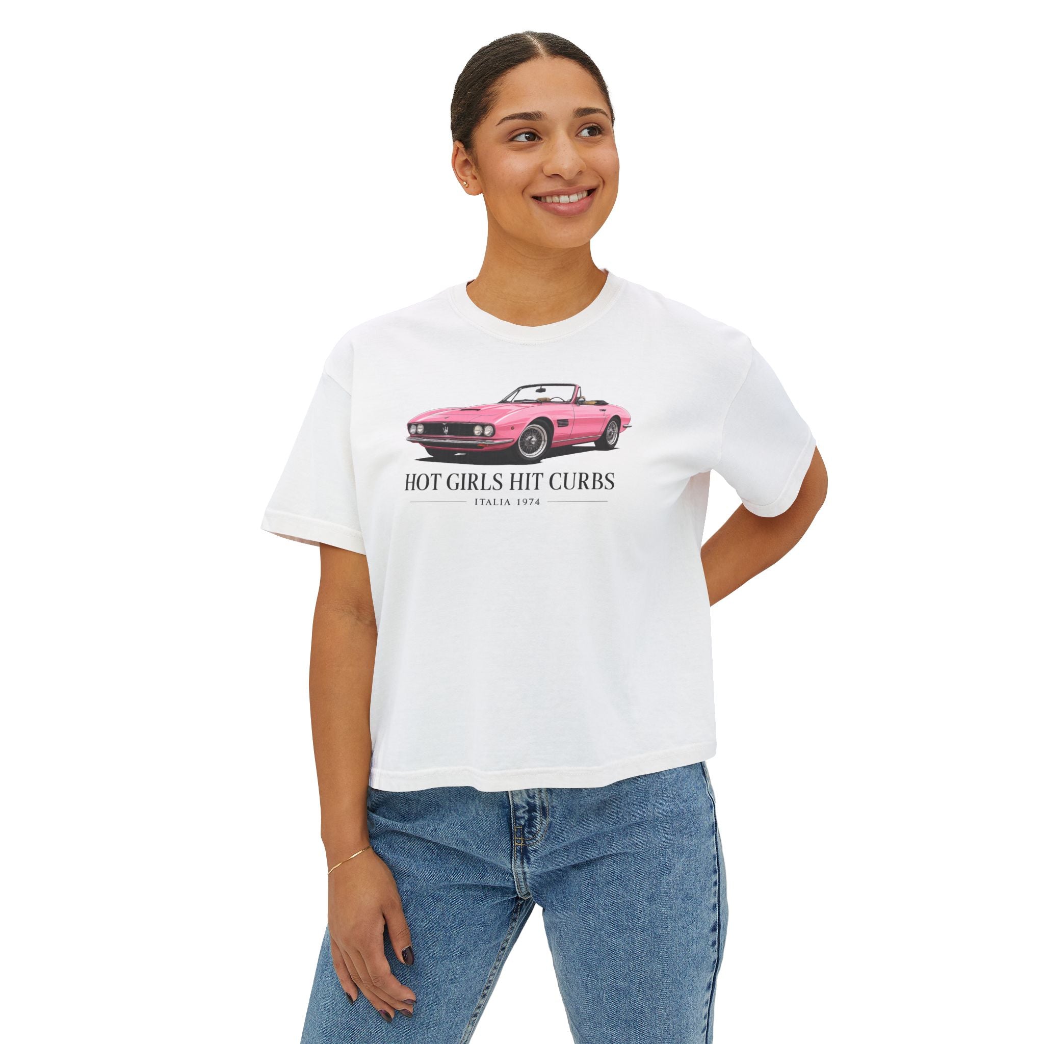 Women's Boxy Tee — 'Hot Girls Hit Curbs' Pink Convertible Graphic Crop Top