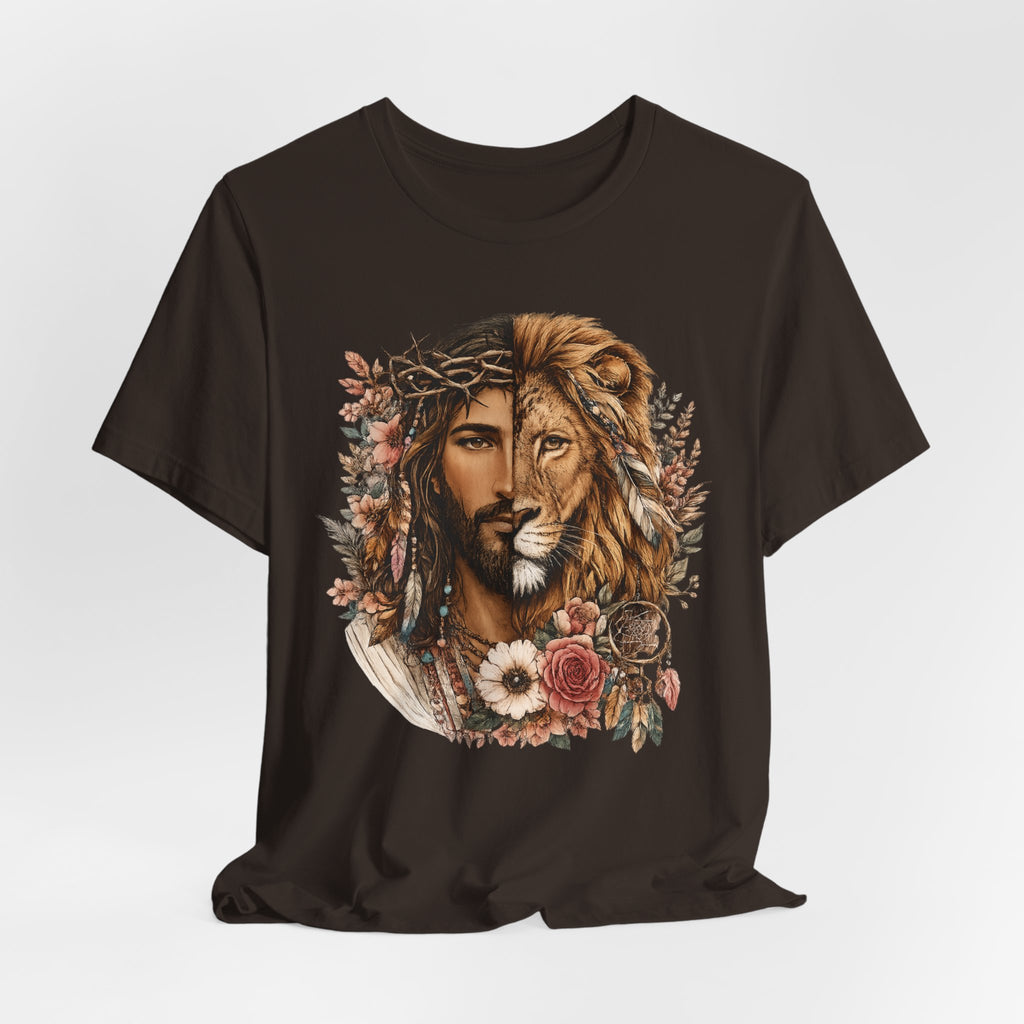 Lion and Woman Floral Portrait Tee — Spiritual Boho Graphic T-Shirt