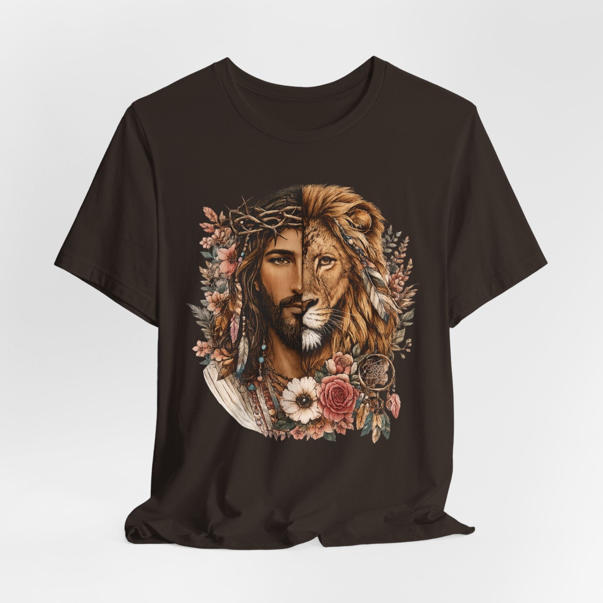 Lion and Woman Floral Portrait Tee — Spiritual Boho Graphic T-Shirt