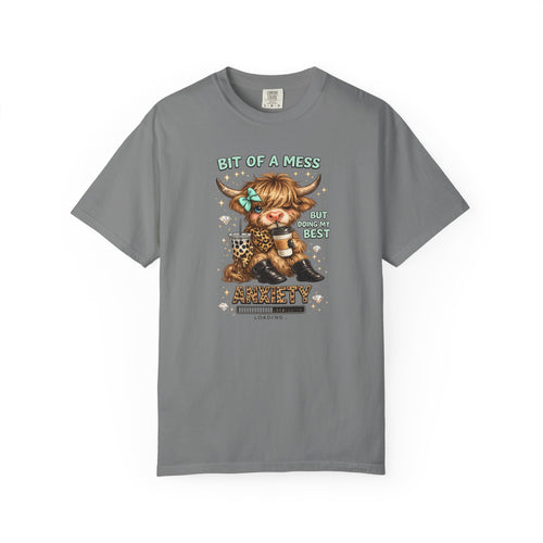 Bit of a Mess Anxiety Cowgirl Graphic T-Shirt — Cute Retro Cow Print Tee for Anxiety Awareness