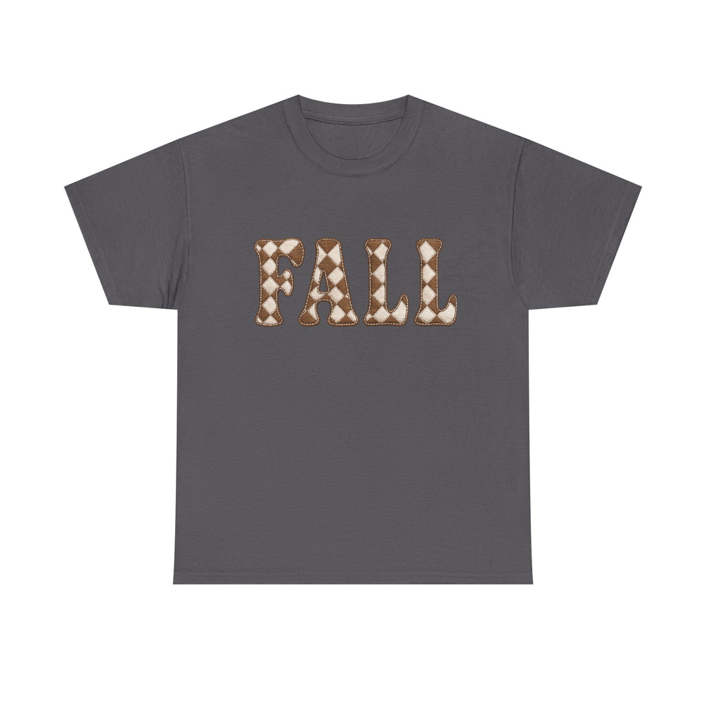 Fall Pumpkin Pattern T-Shirt — Cozy Autumn Tee with 'FALL' Lettering