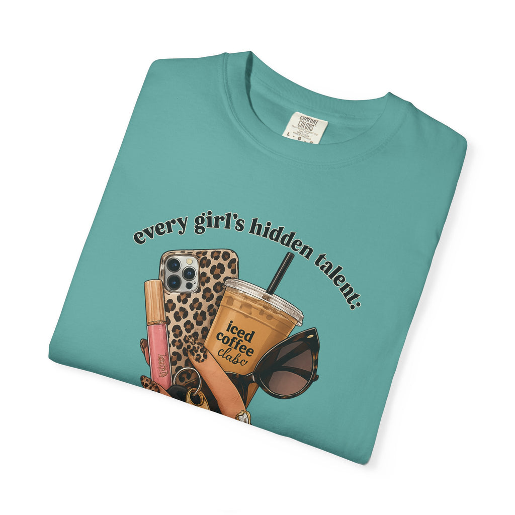 T-Shirt — Every Girl’s Hidden Talents Graphic Tee (coffee, makeup, phone, sunglasses)