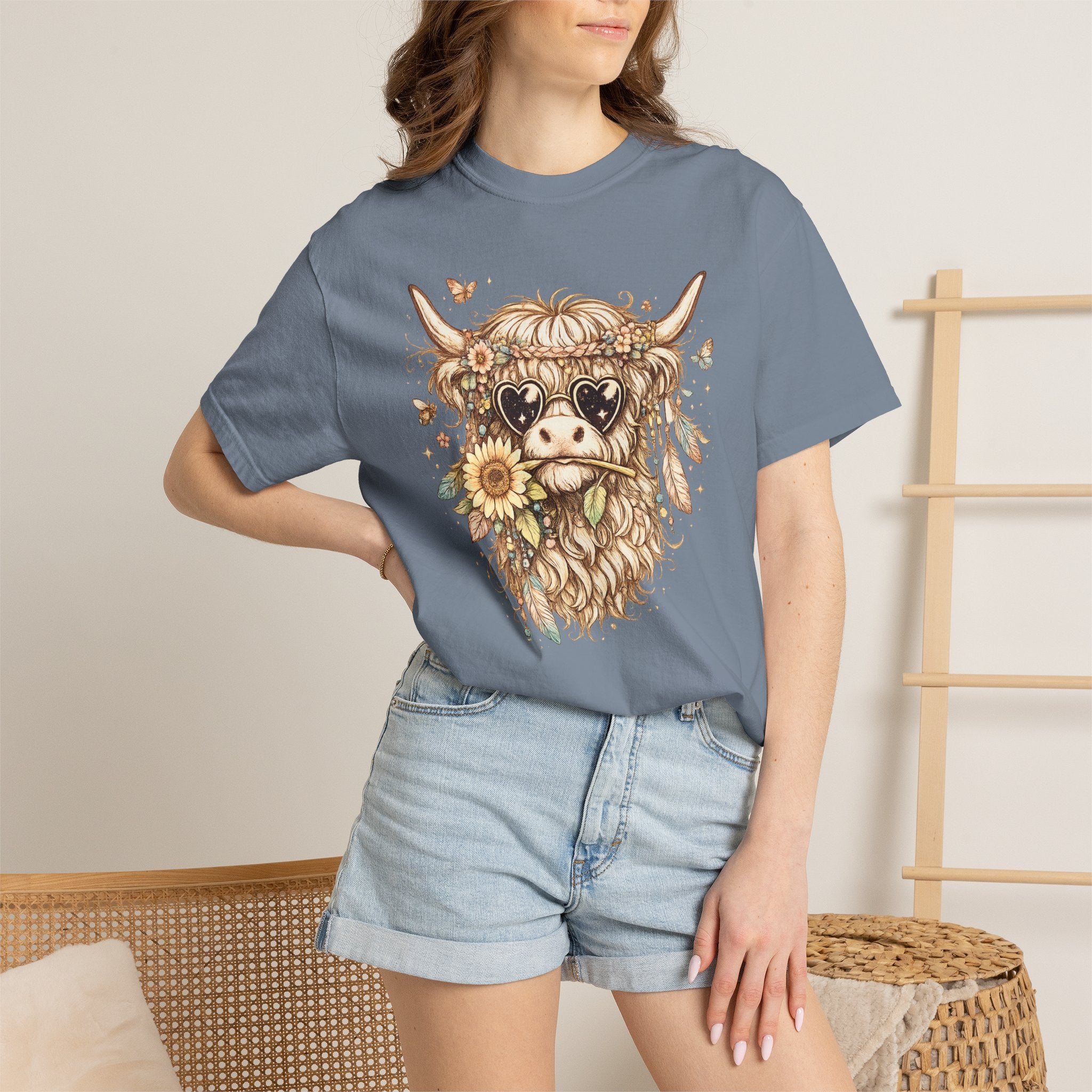 Highland Cow Floral T‑Shirt — Sunflower Boho Highland Cattle Tee