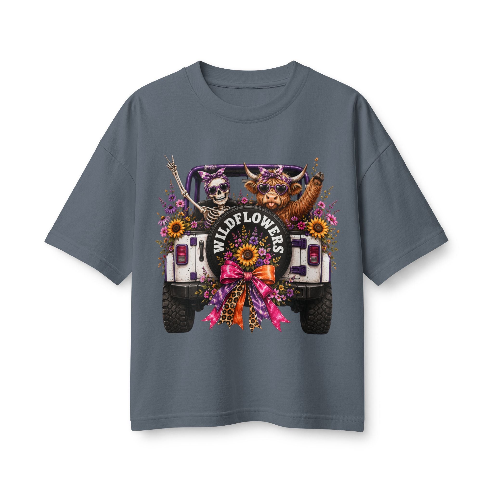 Wildflowers Jeep Crewneck Tee — Cute Skull & Pup Floral Graphic Shirt