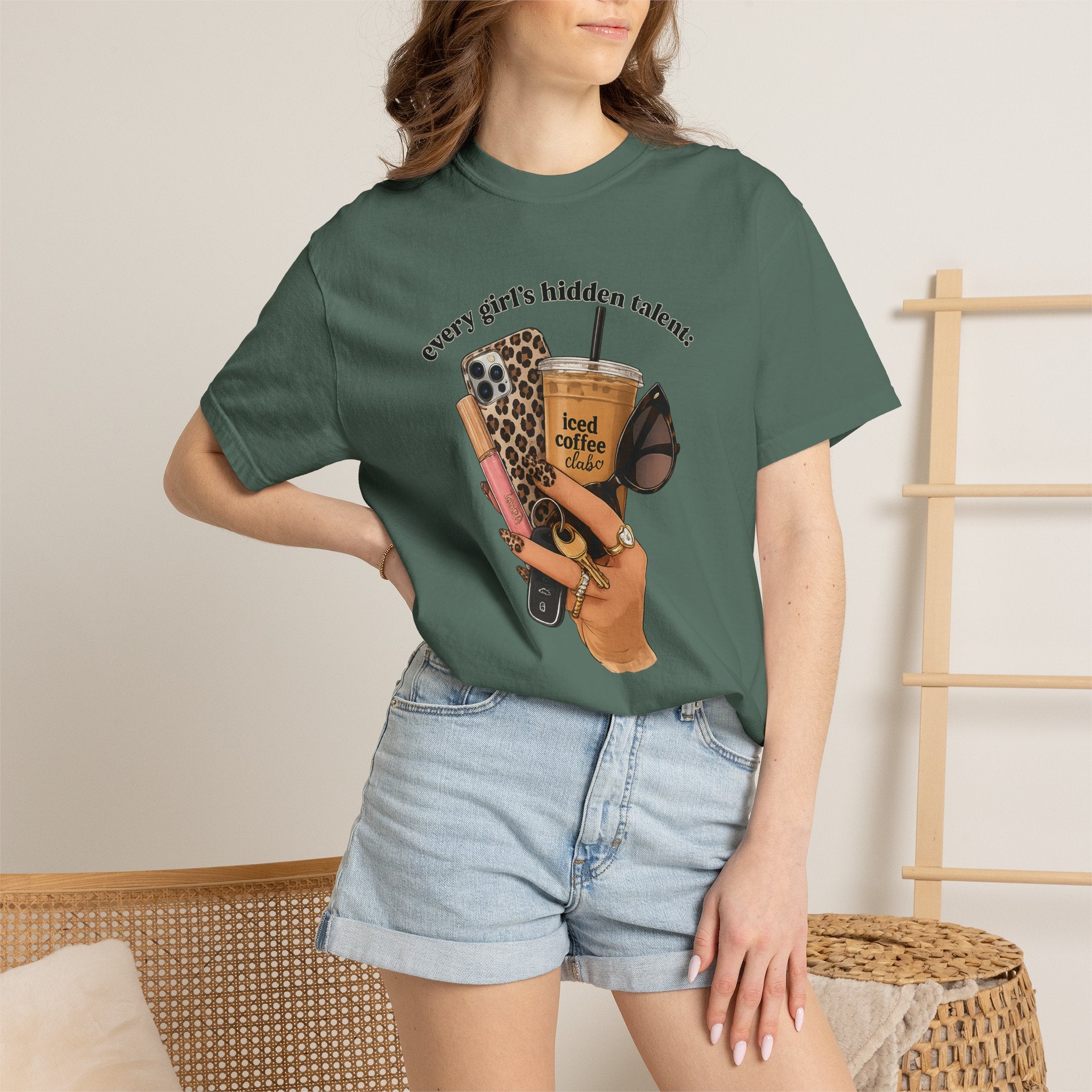 T-Shirt — Every Girl’s Hidden Talents Graphic Tee (coffee, makeup, phone, sunglasses)