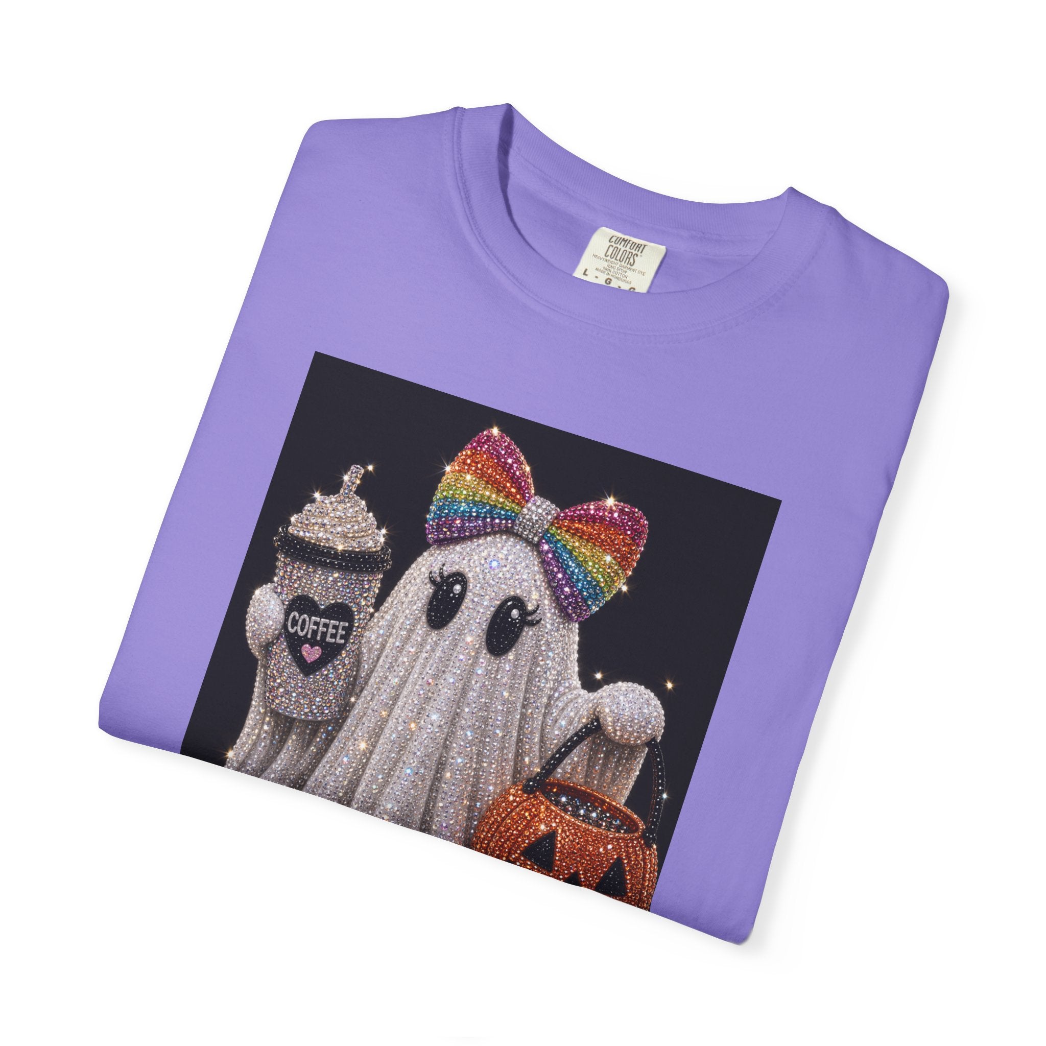 Halloween Ghost T-Shirt — Glitter Ghost with Rainbow Bow, Pumpkin & Coffee