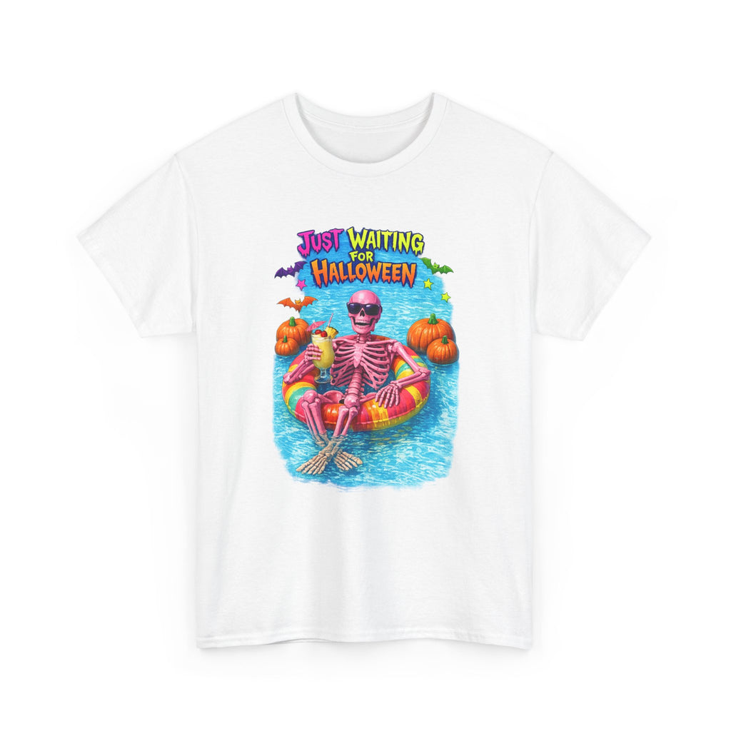 Halloween Skeleton Tee — "Just Waiting for Halloween" Pool Float Graphic T-Shirt