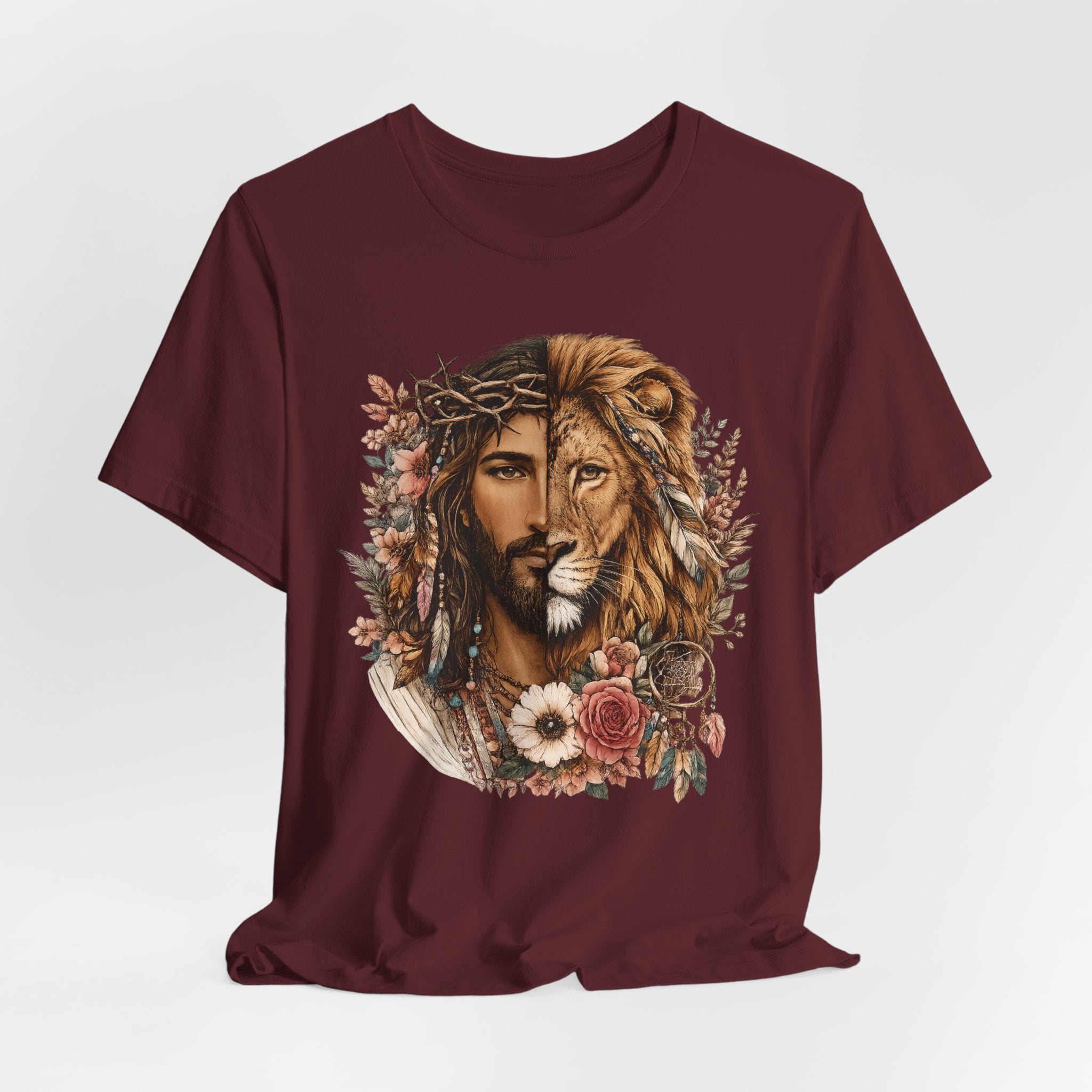 Lion and Woman Floral Portrait Tee — Spiritual Boho Graphic T-Shirt