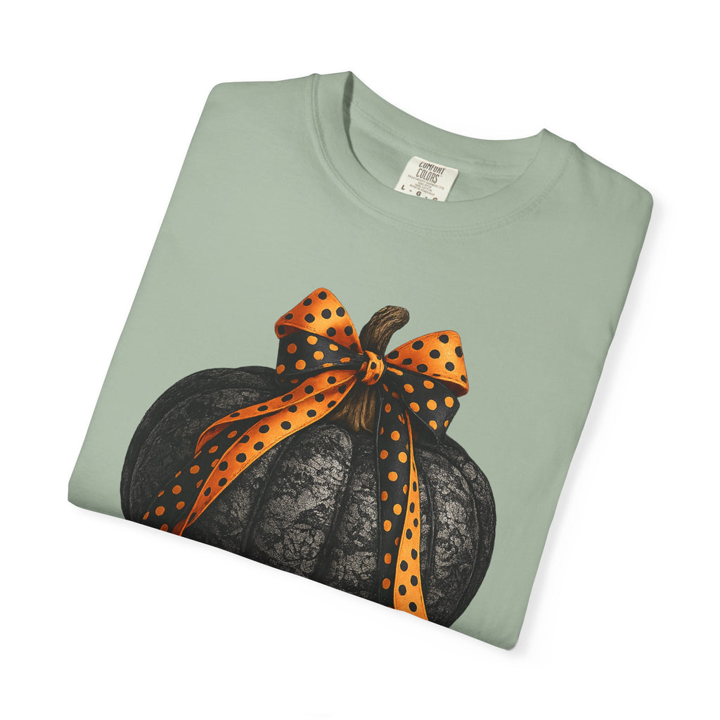 Halloween Black Pumpkin T‑Shirt with Polka Dot Bow