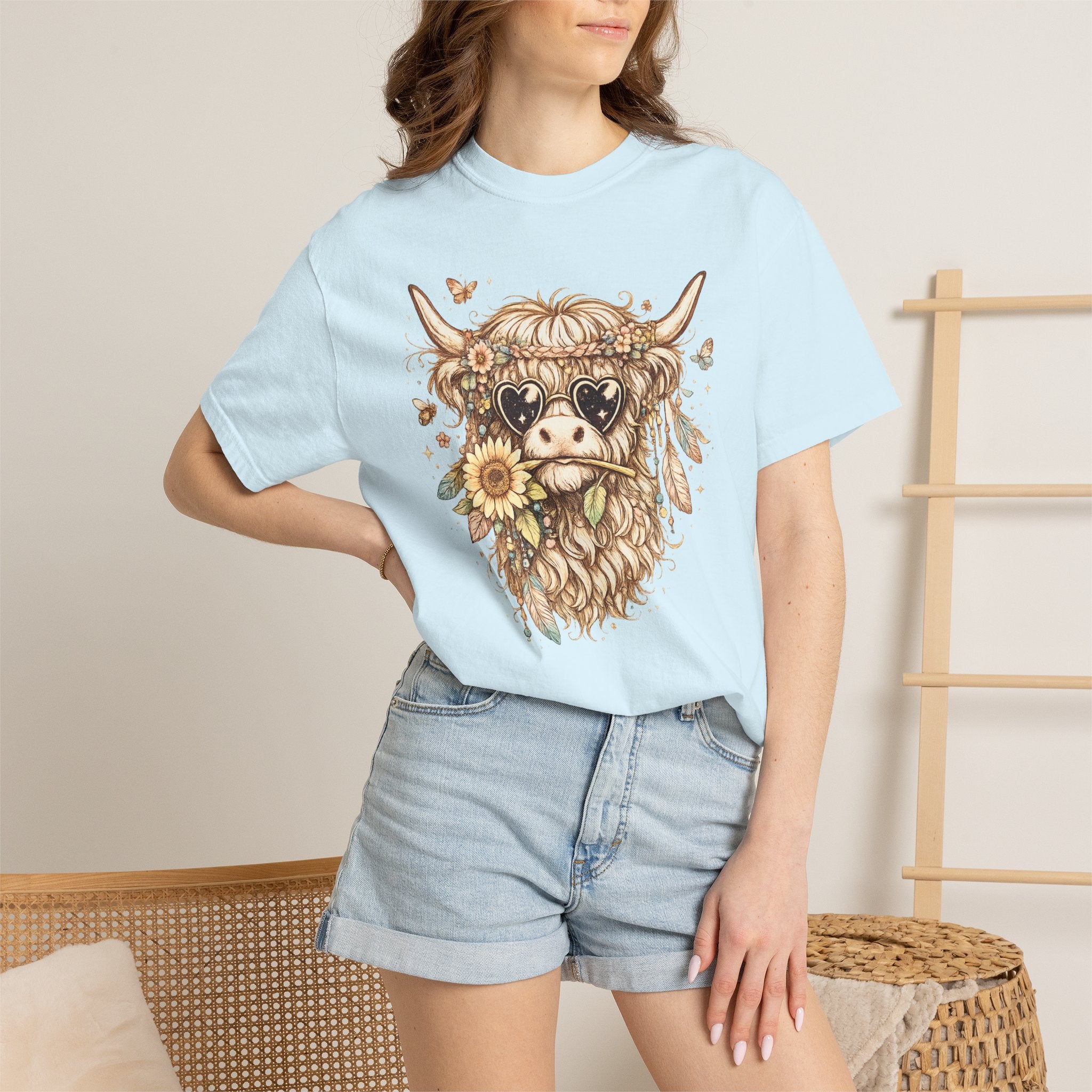 Highland Cow Floral T‑Shirt — Sunflower Boho Highland Cattle Tee