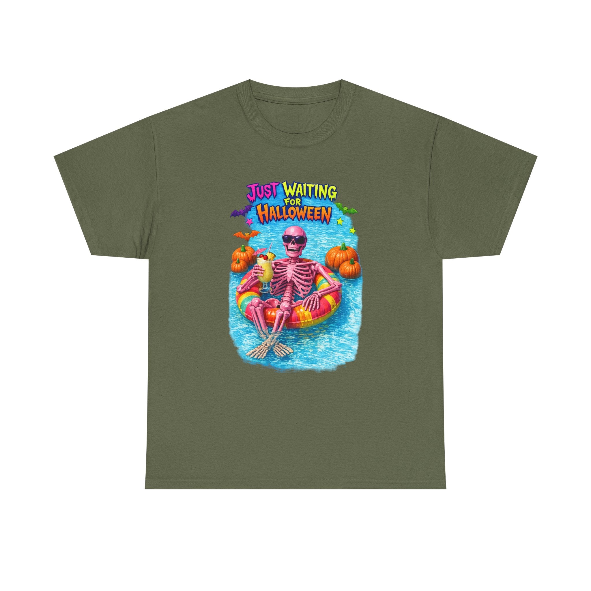 Halloween Skeleton Tee — "Just Waiting for Halloween" Pool Float Graphic T-Shirt