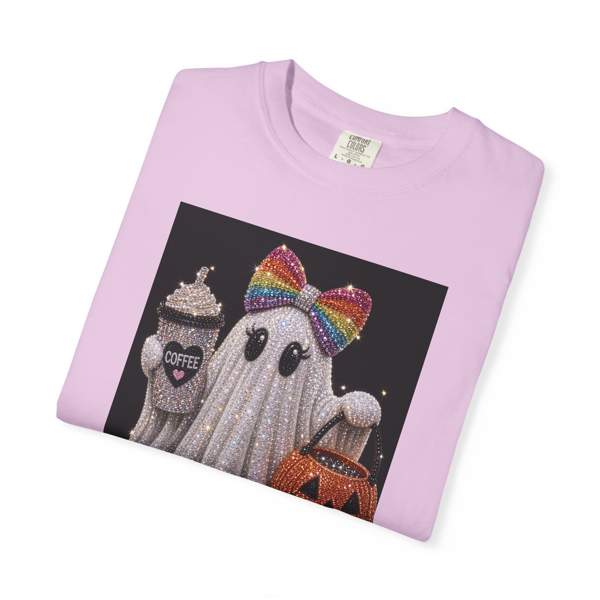 Halloween Ghost T-Shirt — Glitter Ghost with Rainbow Bow, Pumpkin & Coffee
