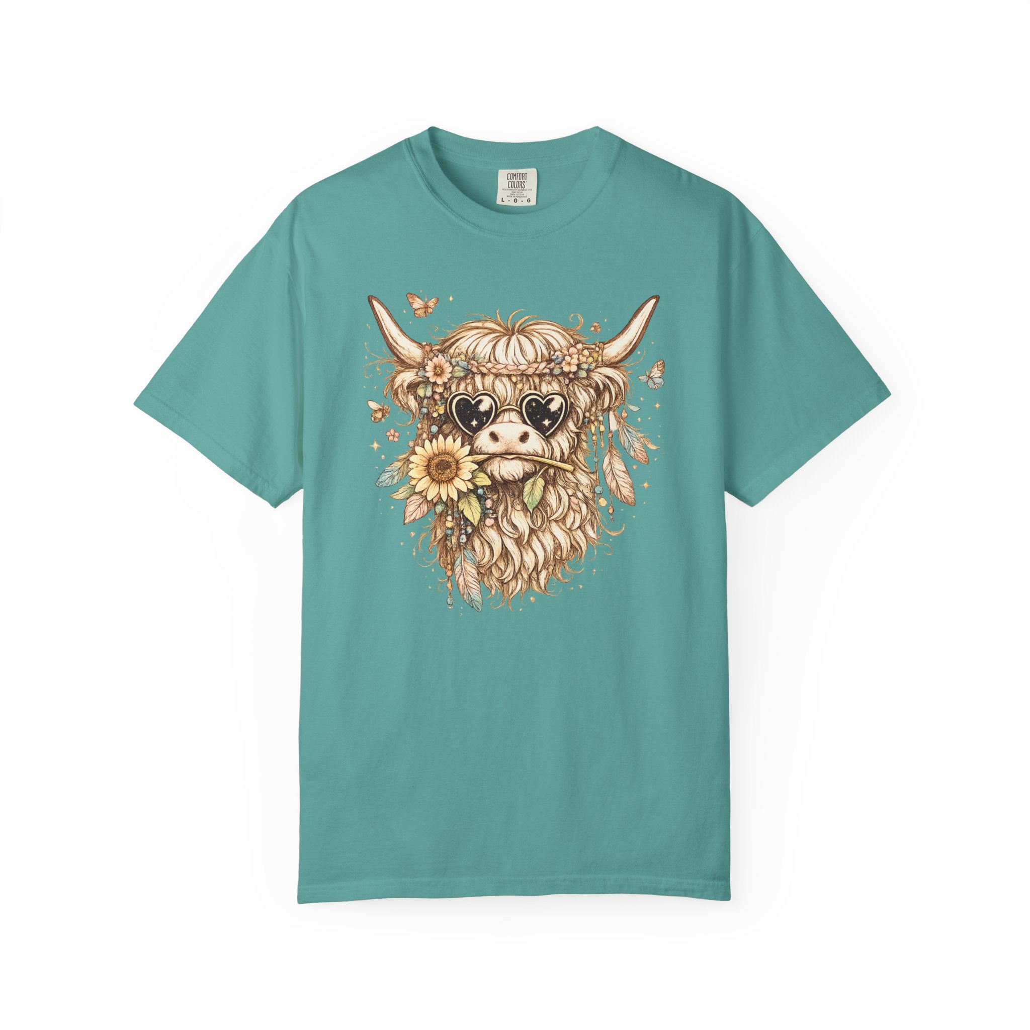 Highland Cow Floral T‑Shirt — Sunflower Boho Highland Cattle Tee