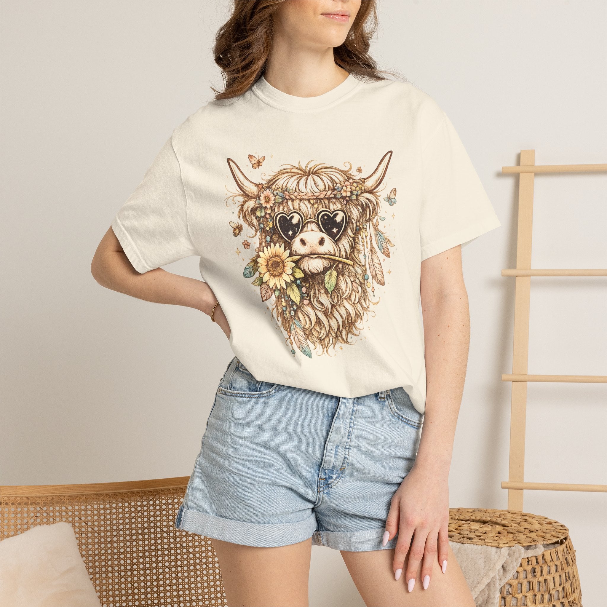 Highland Cow Floral T‑Shirt — Sunflower Boho Highland Cattle Tee