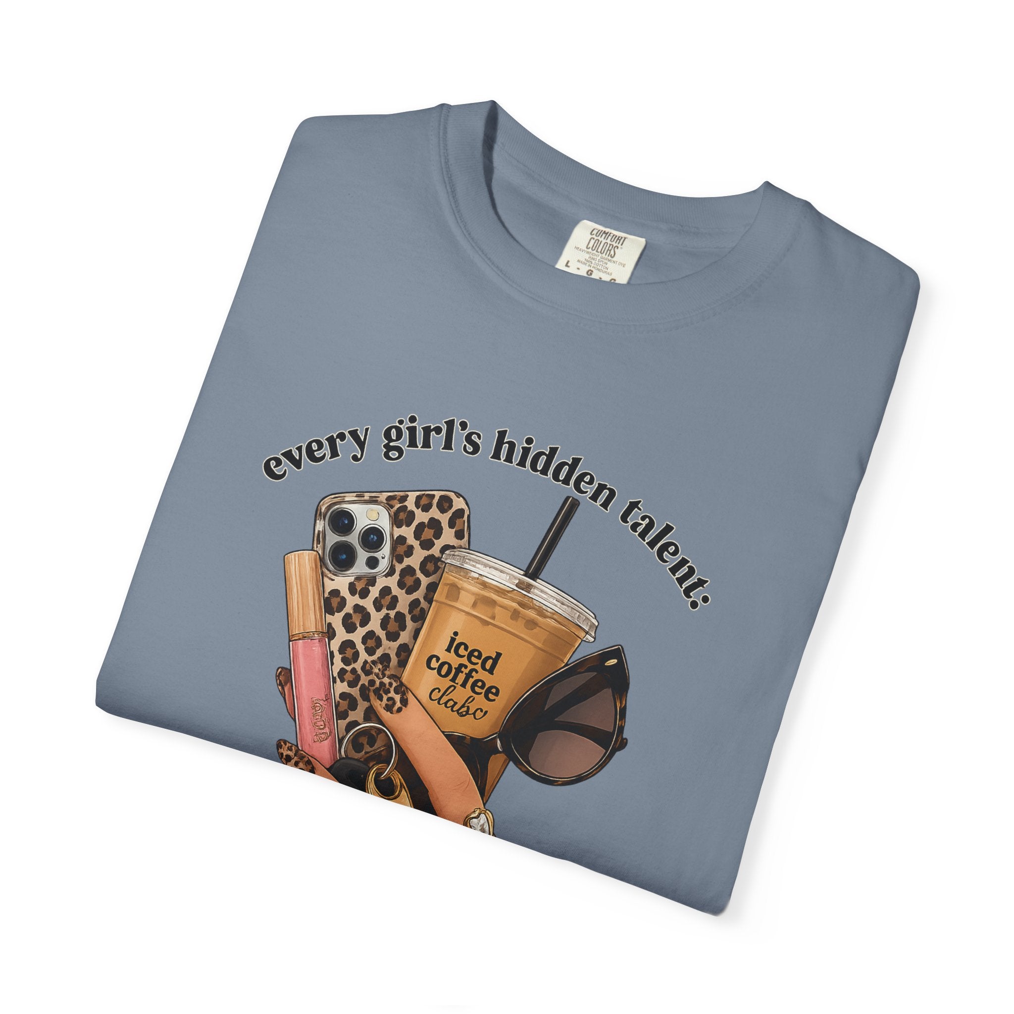 T-Shirt — Every Girl’s Hidden Talents Graphic Tee (coffee, makeup, phone, sunglasses)