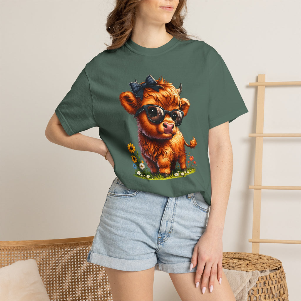 Cute Highland Calf T‑Shirt — Cool Sunglasses Cow with Flowers
