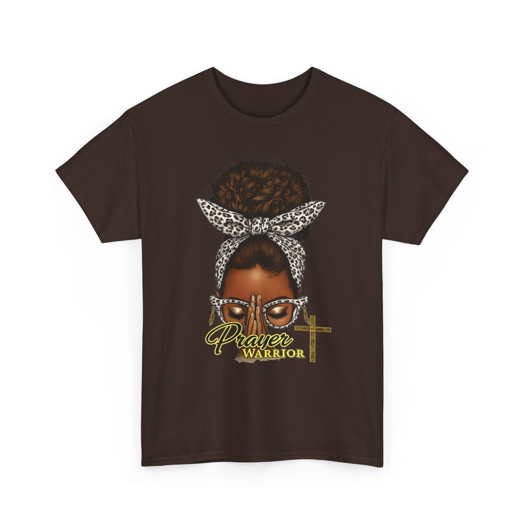 Prayer Warrior T-Shirt – Black Woman Afro Bun with Leopard Scarf & Cross Graphic