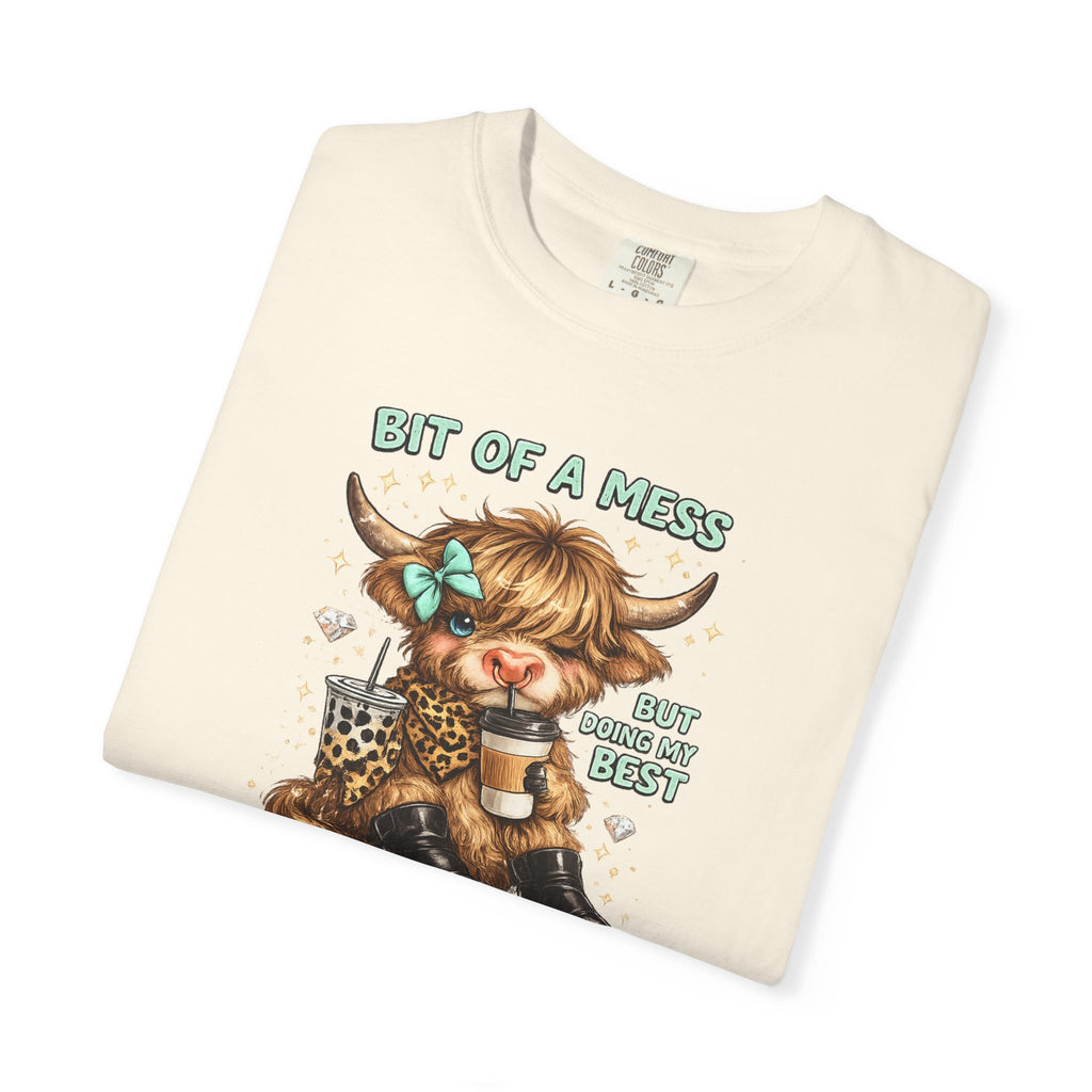 Bit of a Mess Anxiety Cowgirl Graphic T-Shirt — Cute Retro Cow Print Tee for Anxiety Awareness