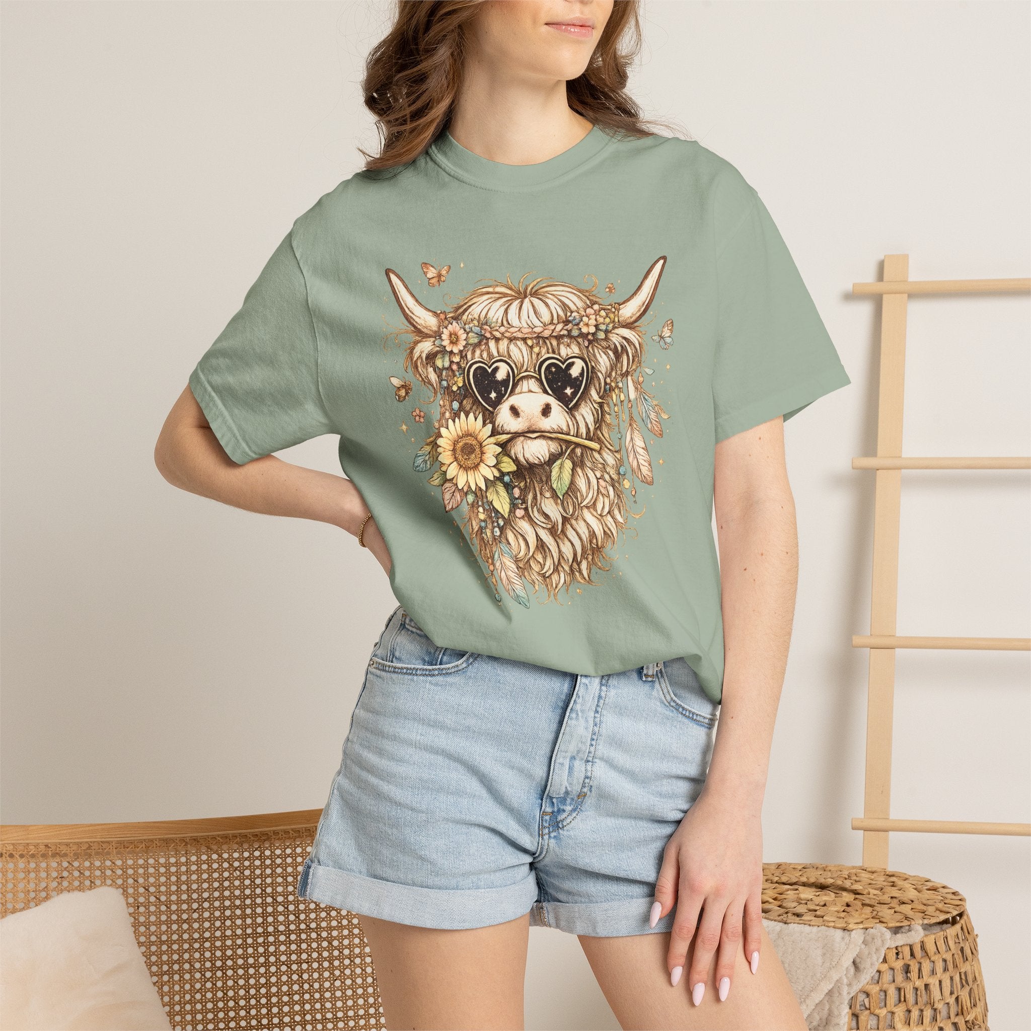 Highland Cow Floral T‑Shirt — Sunflower Boho Highland Cattle Tee