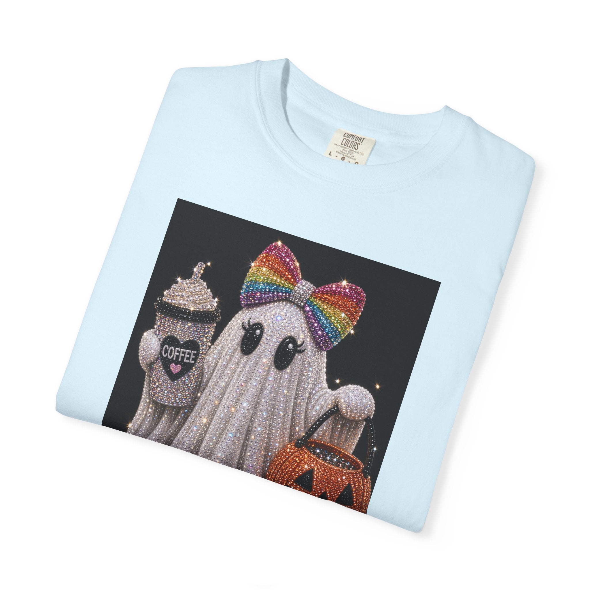 Halloween Ghost T-Shirt — Glitter Ghost with Rainbow Bow, Pumpkin & Coffee