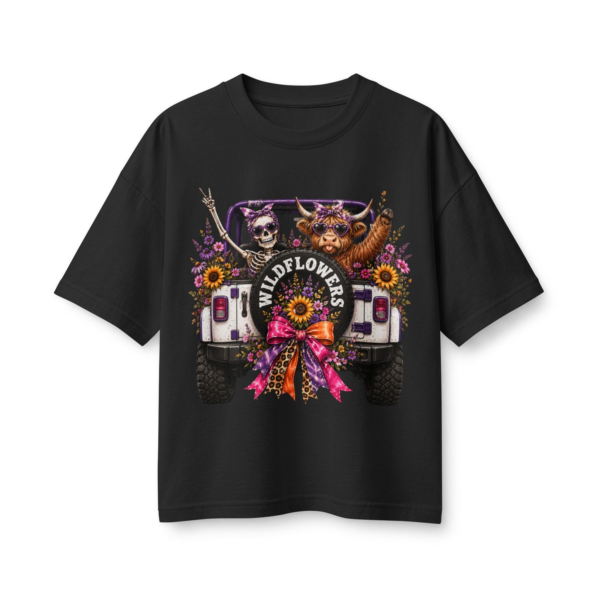 Wildflowers Jeep Crewneck Tee — Cute Skull & Pup Floral Graphic Shirt