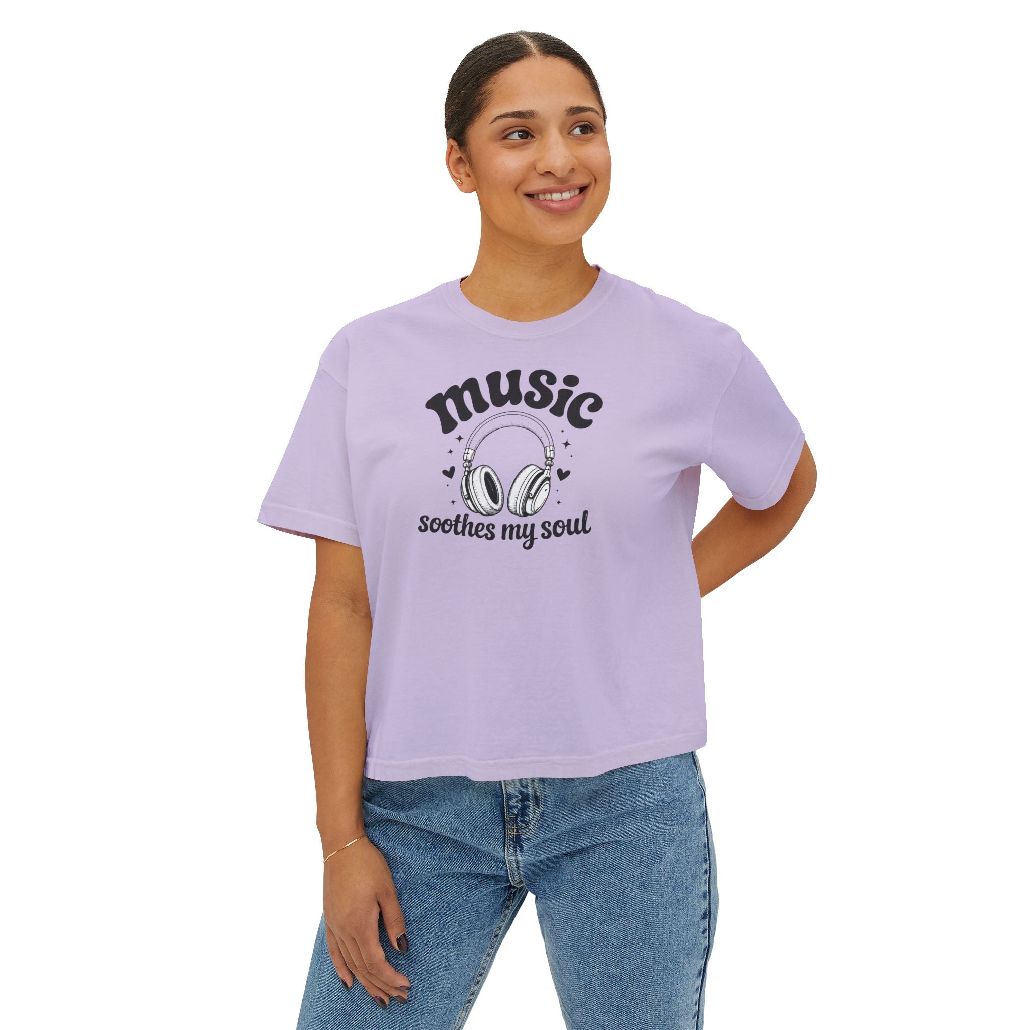 Music Soothes My Soul Boxy Tee — Women's Cropped Graphic T-Shirt with Headphones