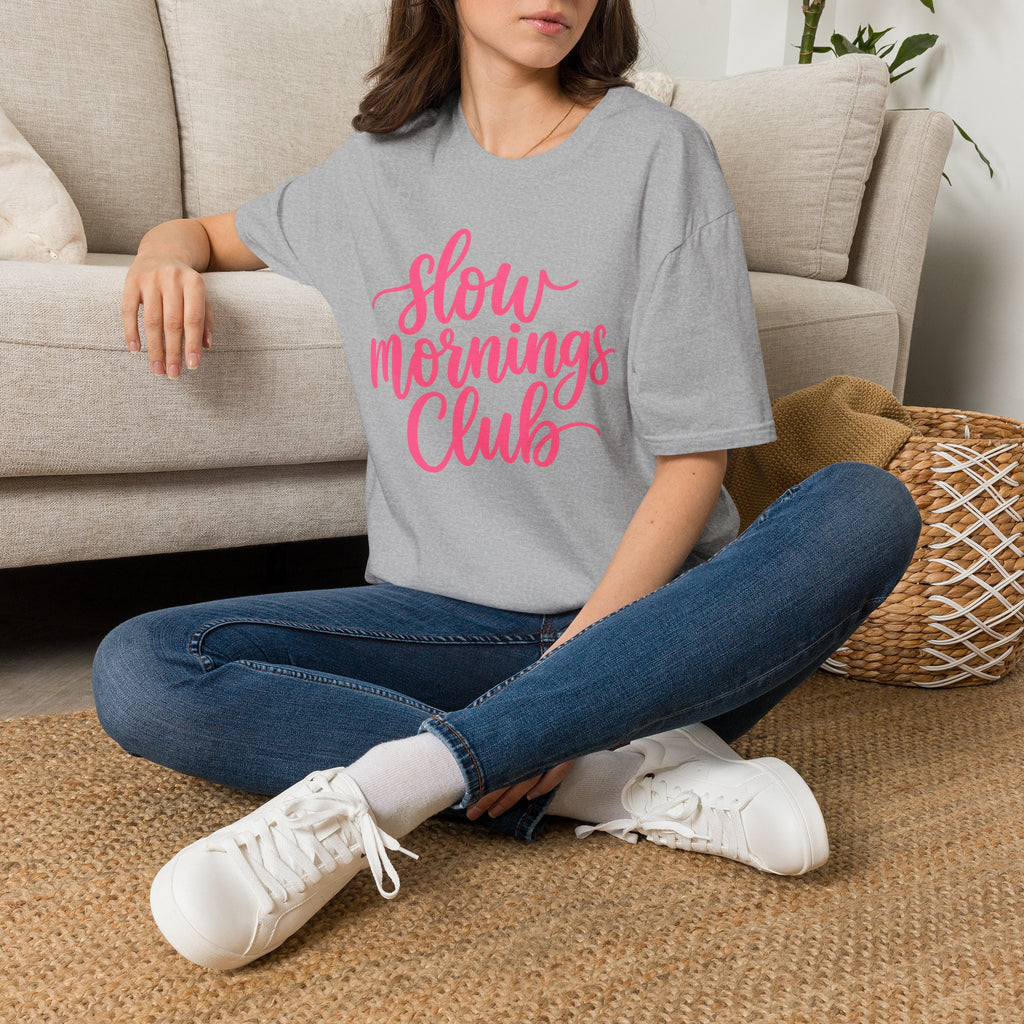 Slow Mornings Club Tee — Relaxed Graphic T-Shirt with Pink Script