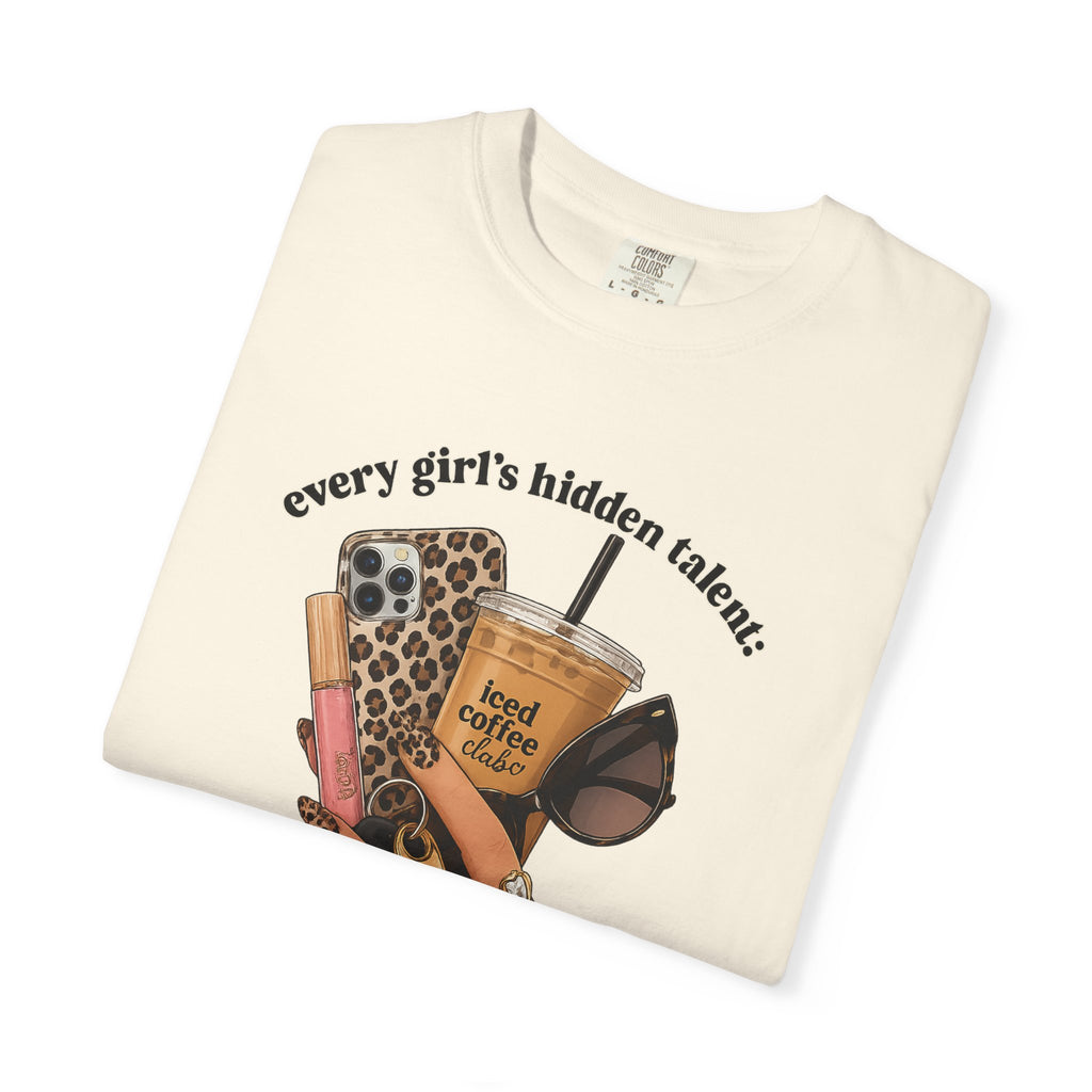 T-Shirt — Every Girl’s Hidden Talents Graphic Tee (coffee, makeup, phone, sunglasses)