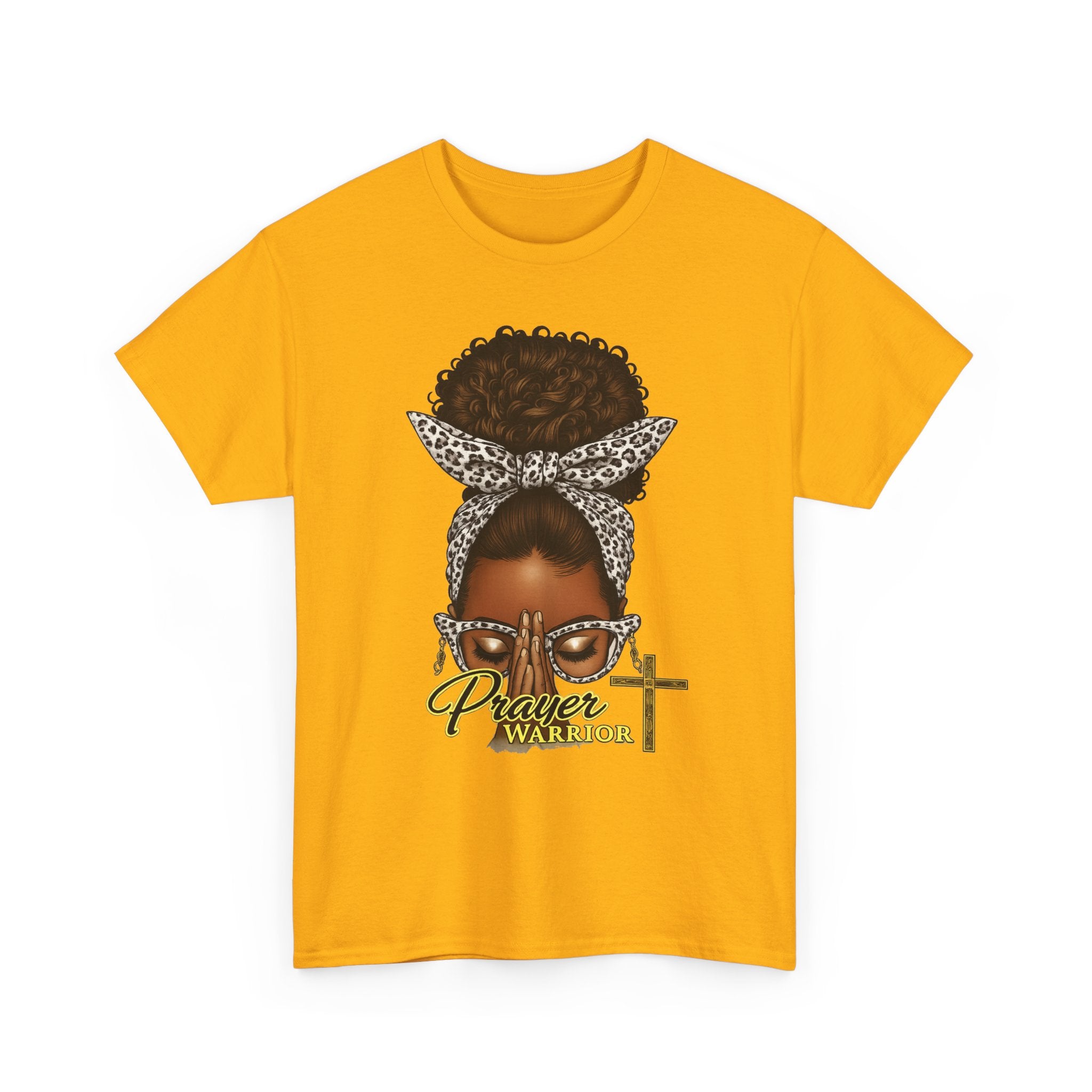 Prayer Warrior T-Shirt – Black Woman Afro Bun with Leopard Scarf & Cross Graphic