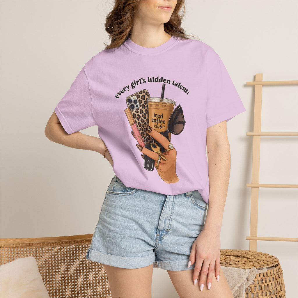 T-Shirt — Every Girl’s Hidden Talents Graphic Tee (coffee, makeup, phone, sunglasses)