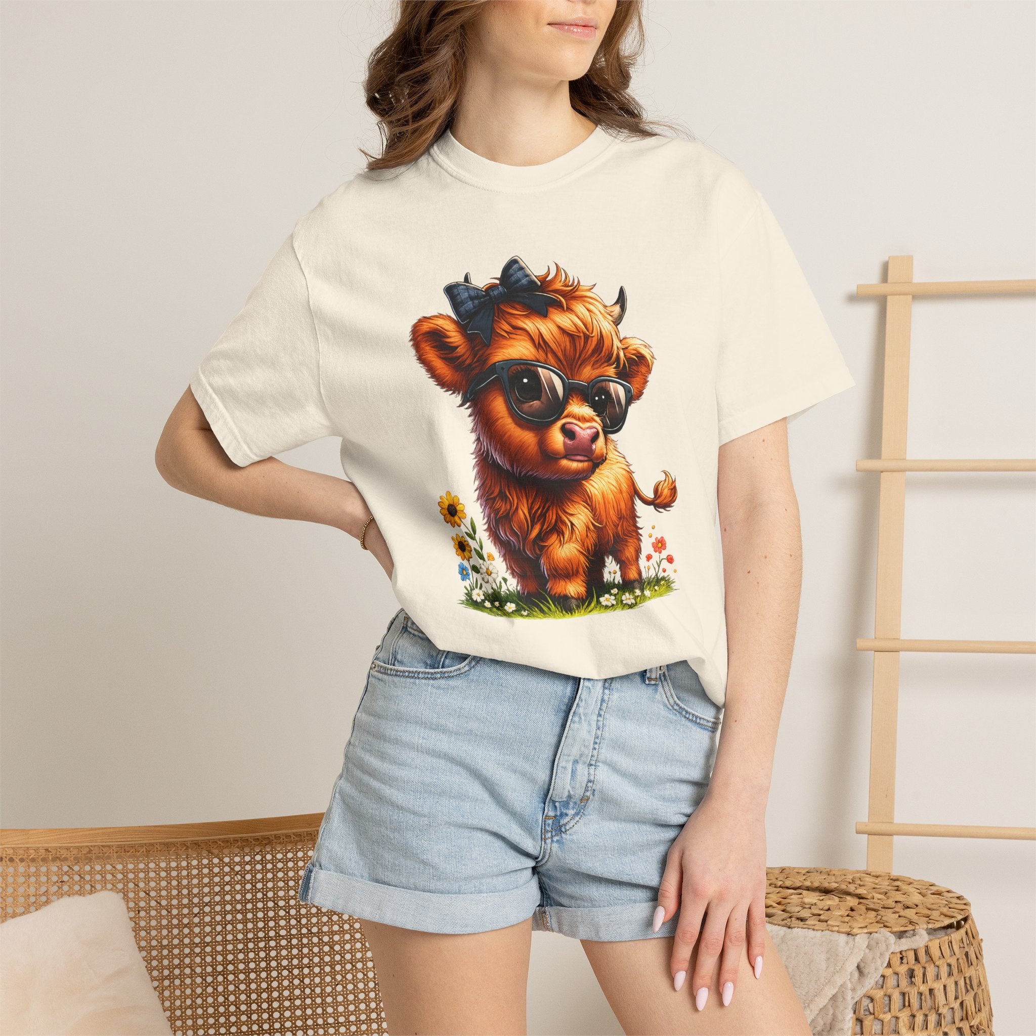 Cute Highland Calf T‑Shirt — Cool Sunglasses Cow with Flowers