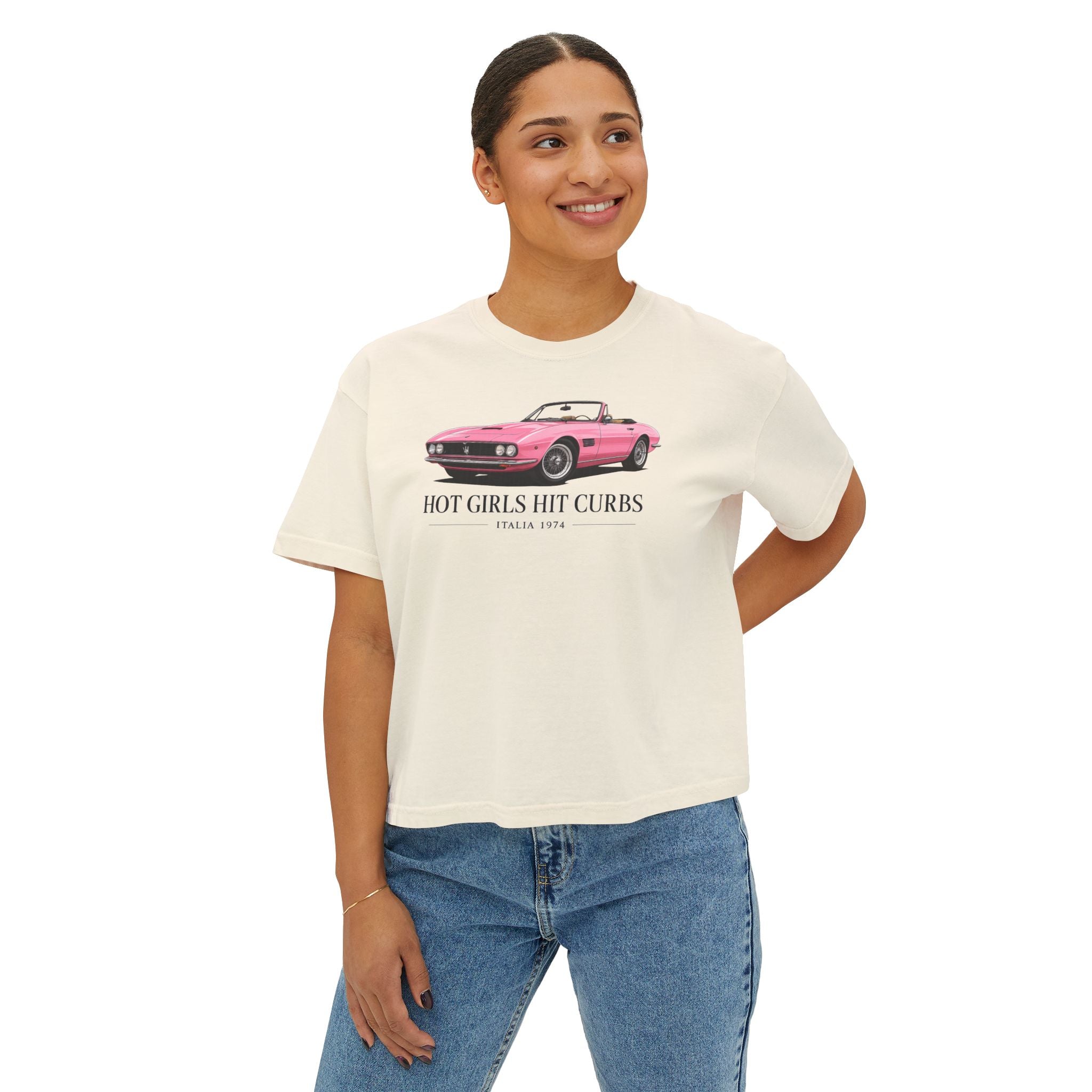 Women's Boxy Tee — 'Hot Girls Hit Curbs' Pink Convertible Graphic Crop Top