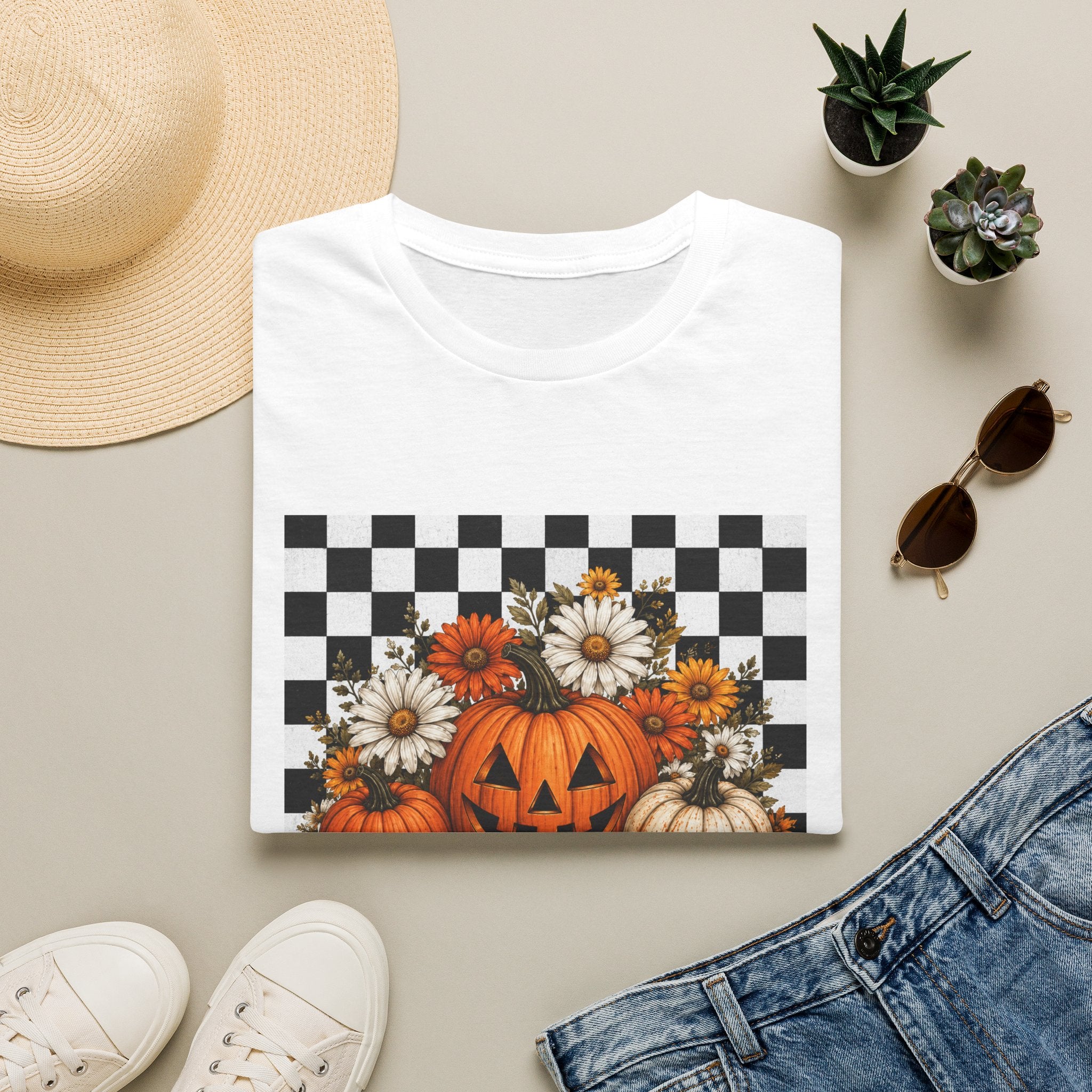 Halloween Pumpkin Floral T-Shirt — Checkerboard Jack-O'-Lantern Design