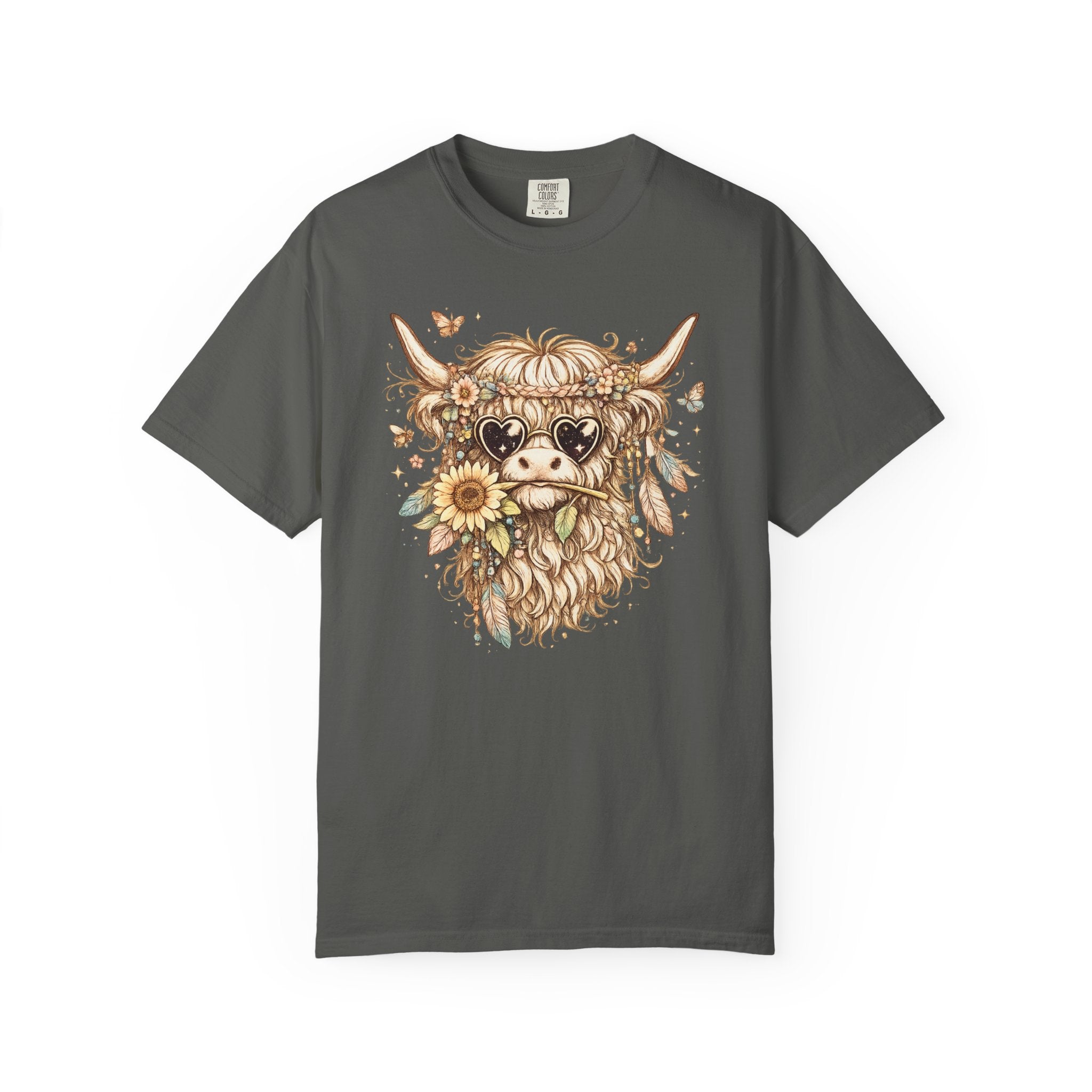 Highland Cow Floral T‑Shirt — Sunflower Boho Highland Cattle Tee