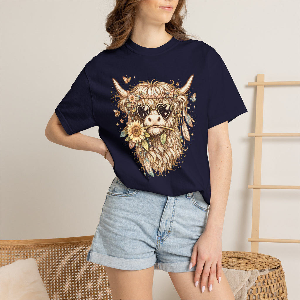 Highland Cow Floral T‑Shirt — Sunflower Boho Highland Cattle Tee