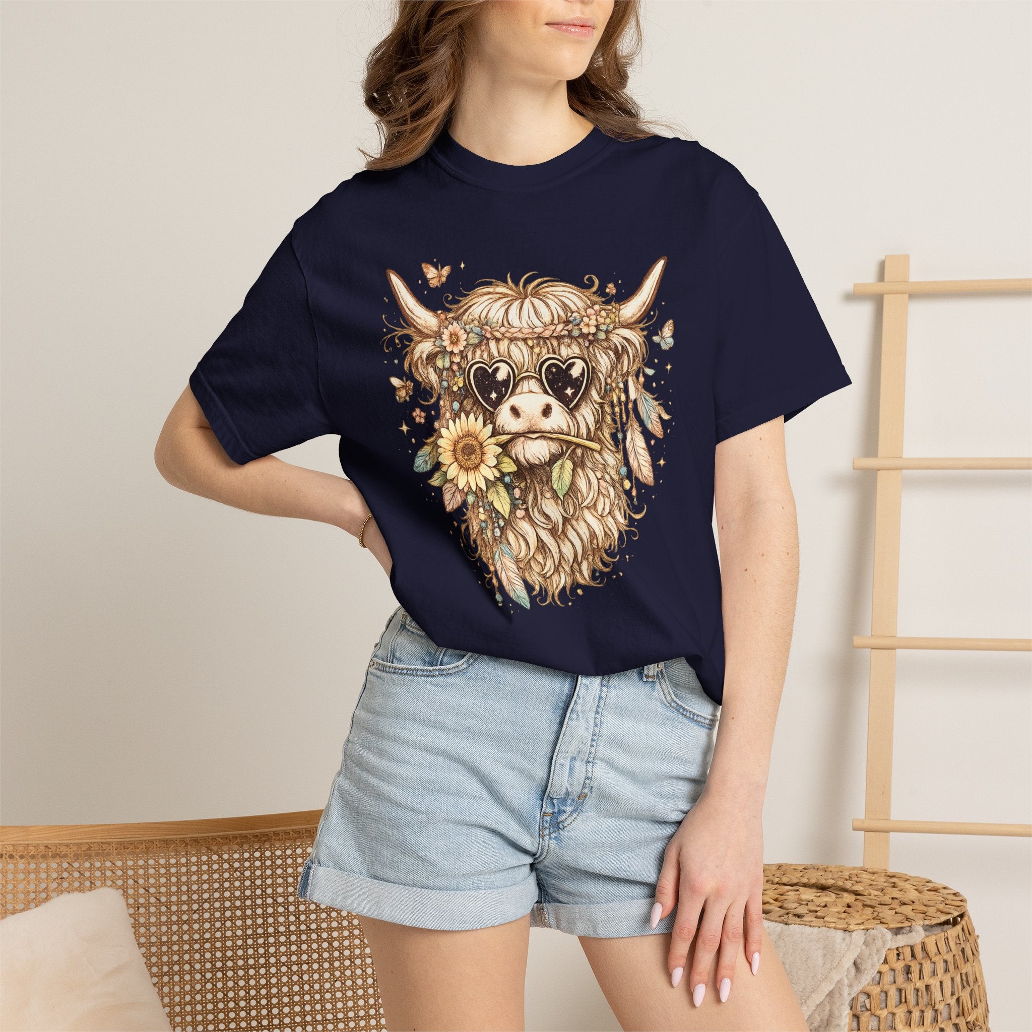 Highland Cow Floral T‑Shirt — Sunflower Boho Highland Cattle Tee