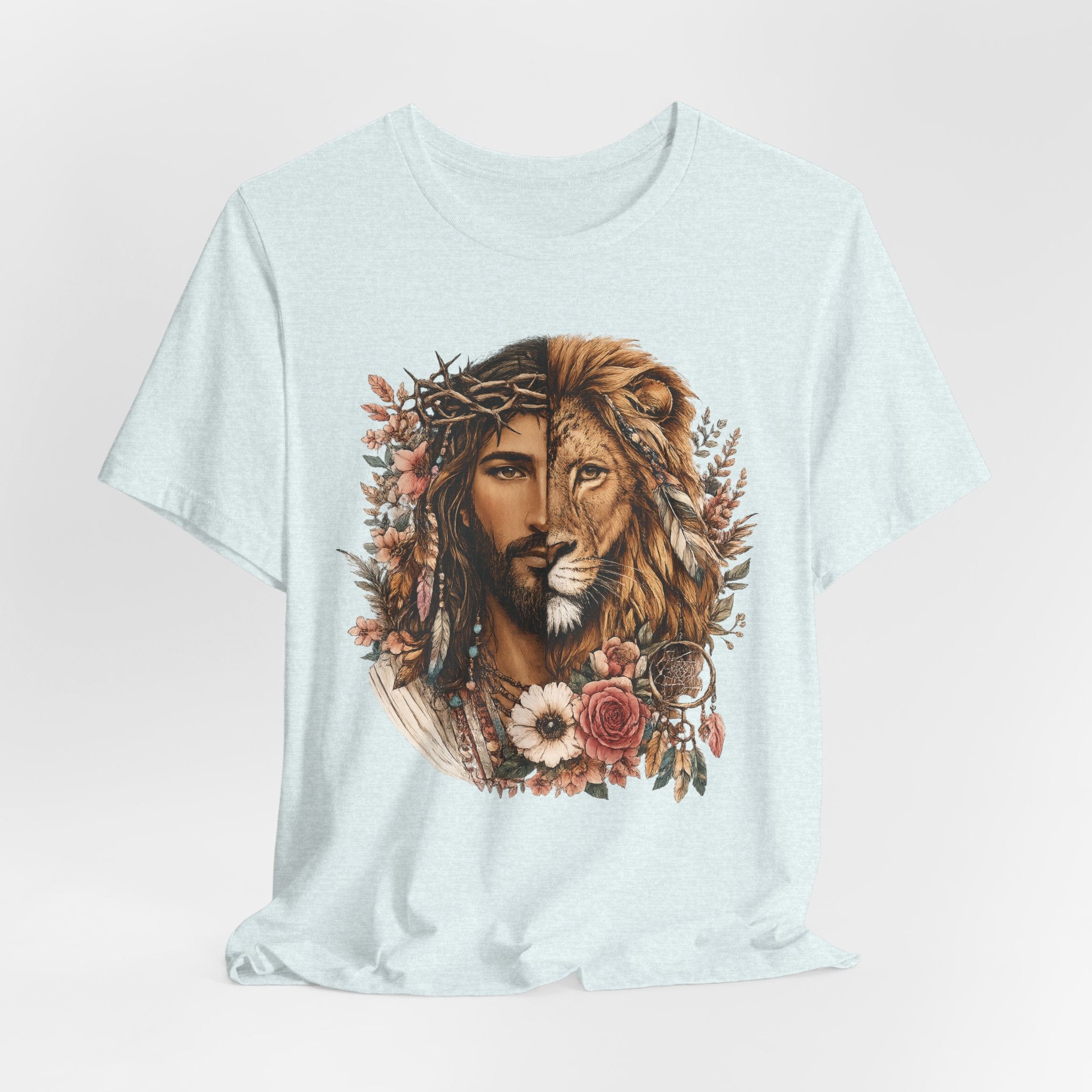 Lion and Woman Floral Portrait Tee — Spiritual Boho Graphic T-Shirt